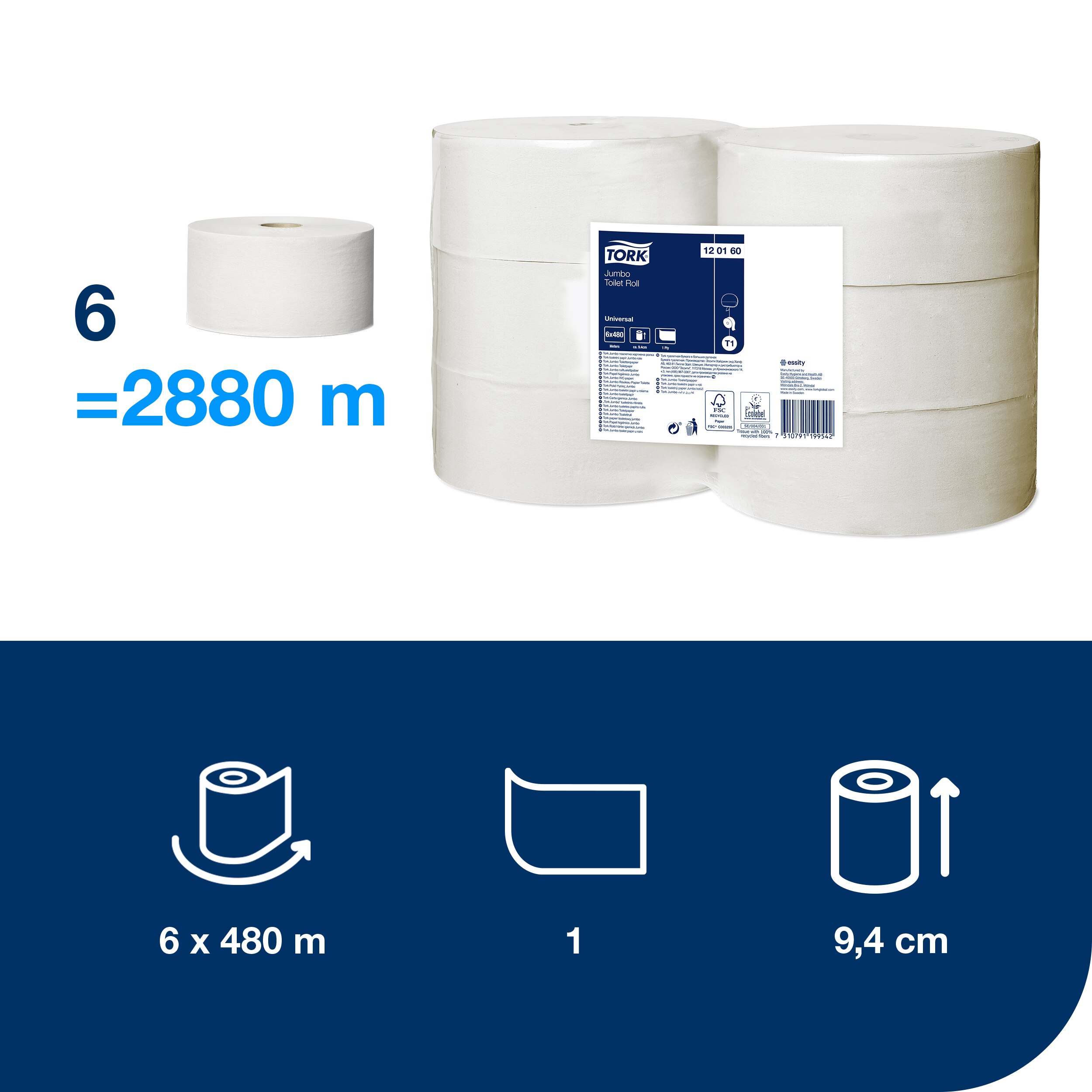 Toiletpapir, Udvendig oprulning, 1 lag, 6 ruller, Tork Jumbo Midi Universal T1