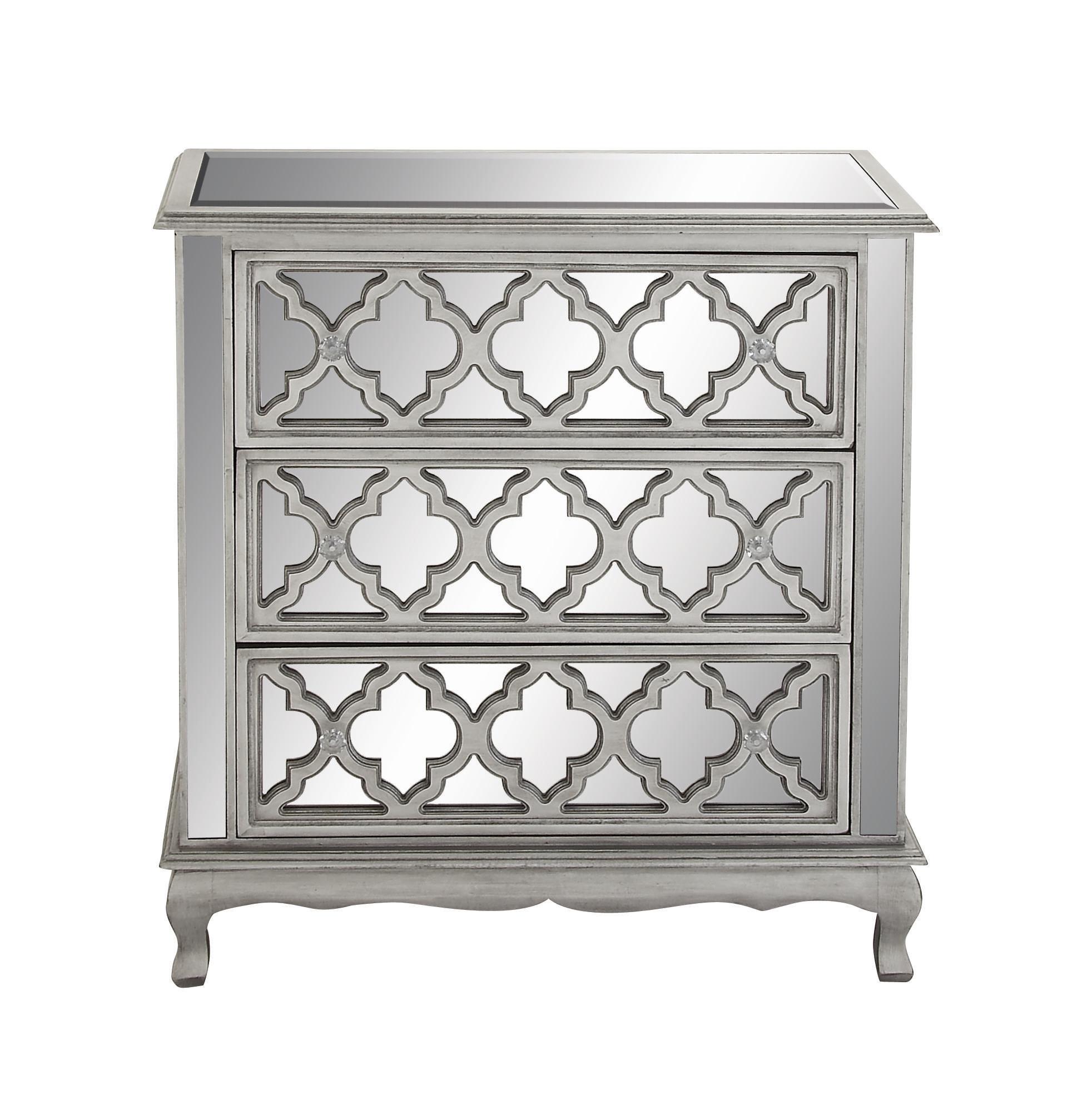 Gray Wooden Geometric Intricately Carved Chest with Mirrored Front, 32" x 14" x 34"