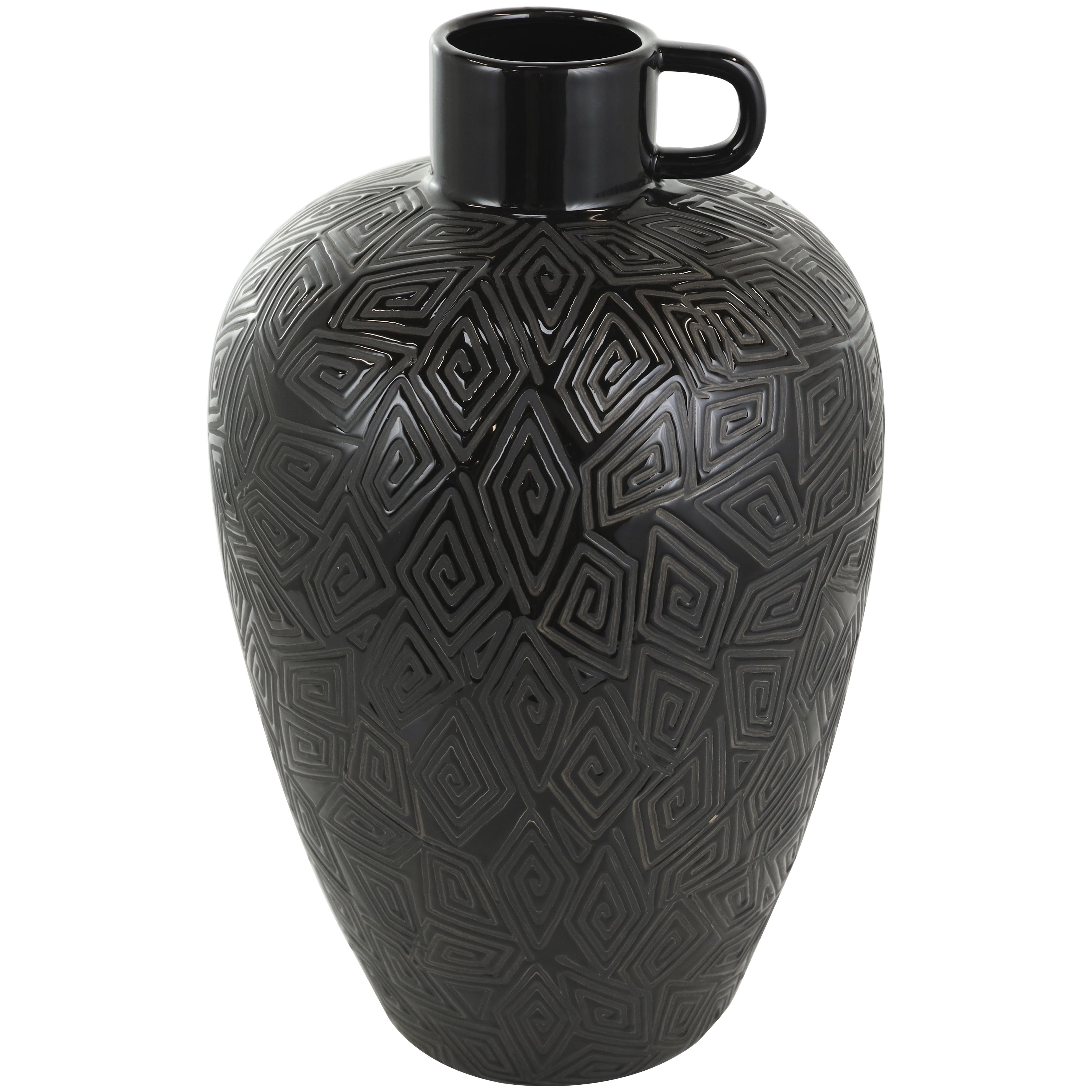 black ceramic  decorative vase with geometric etchings, 12" x 12" x 19"