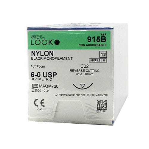 Nylon Black Monofilament Sutures, 6-0, C-22, Reverse Cutting, 18" - 12/Box