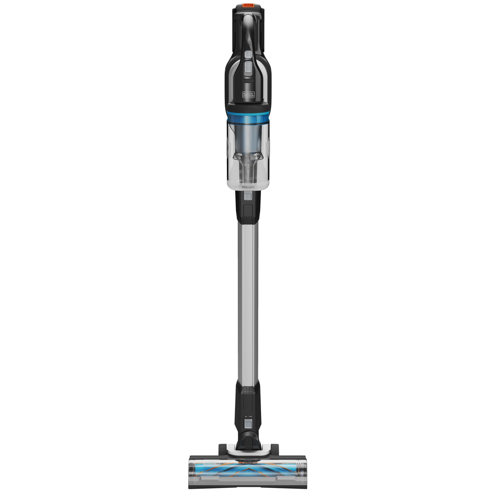 Front view of the BLACK+DECKER POWERSERIES Extreme MAX Cordless Stick Vac with LED head lights on