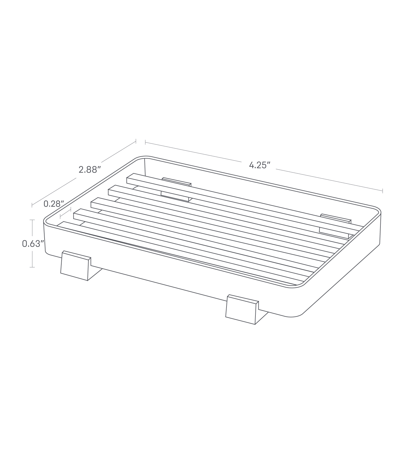 Dimension image for Slotted Soap Tray showing height of 0.63", length of 2.88", width of 4.25" and 0.28" between the spot.