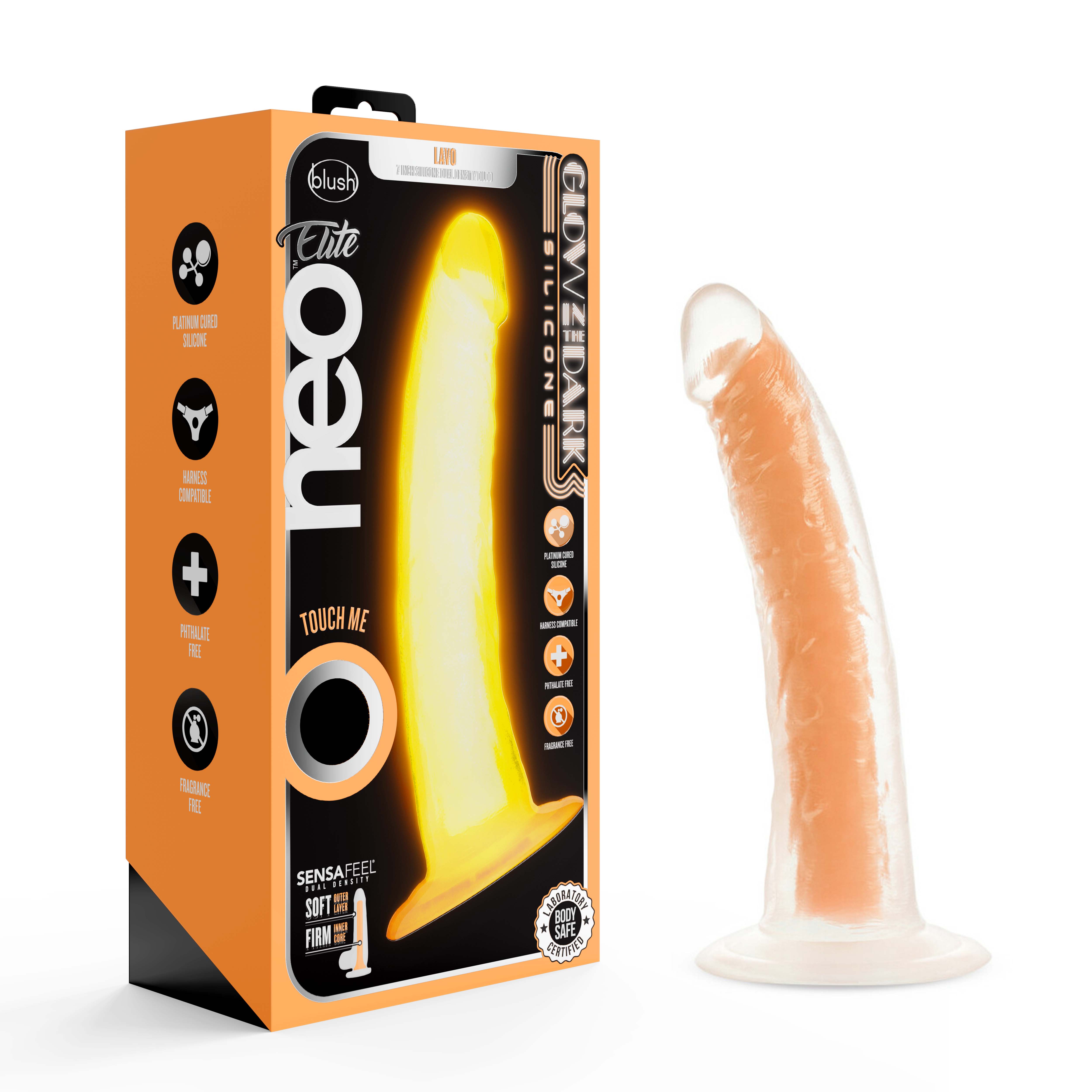 Blush Neo Elite? / Lavo Glow In The Dark Neon Orange: 7.5-Inch Long Dildo - Made with Purio? Silicone & SensaFeel? Dual Density Realistic Technology