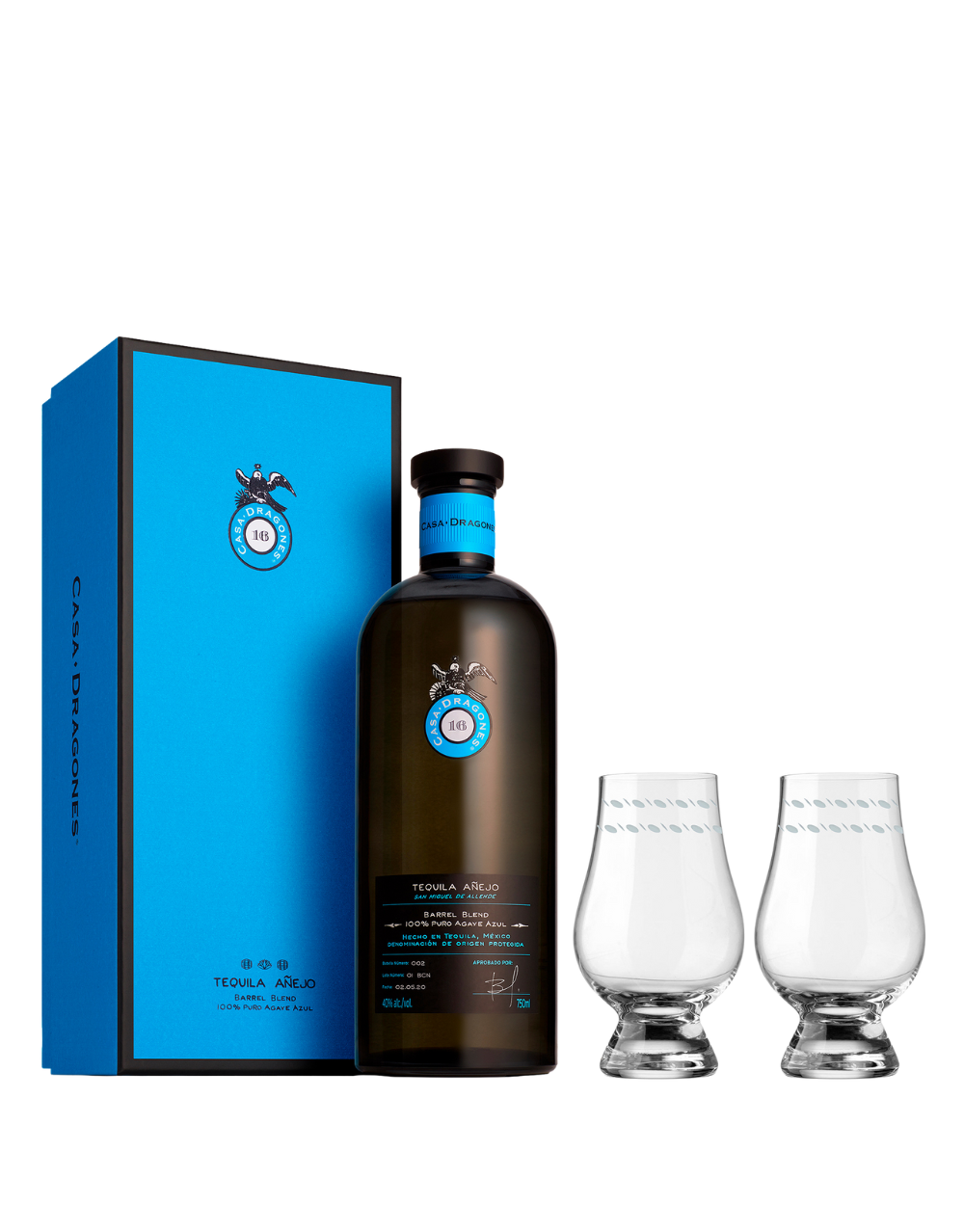 TEQUILA CASA DRAGONES AÑEJO WITH HAND-ENGRAVED GLENCAIRN GLASSES