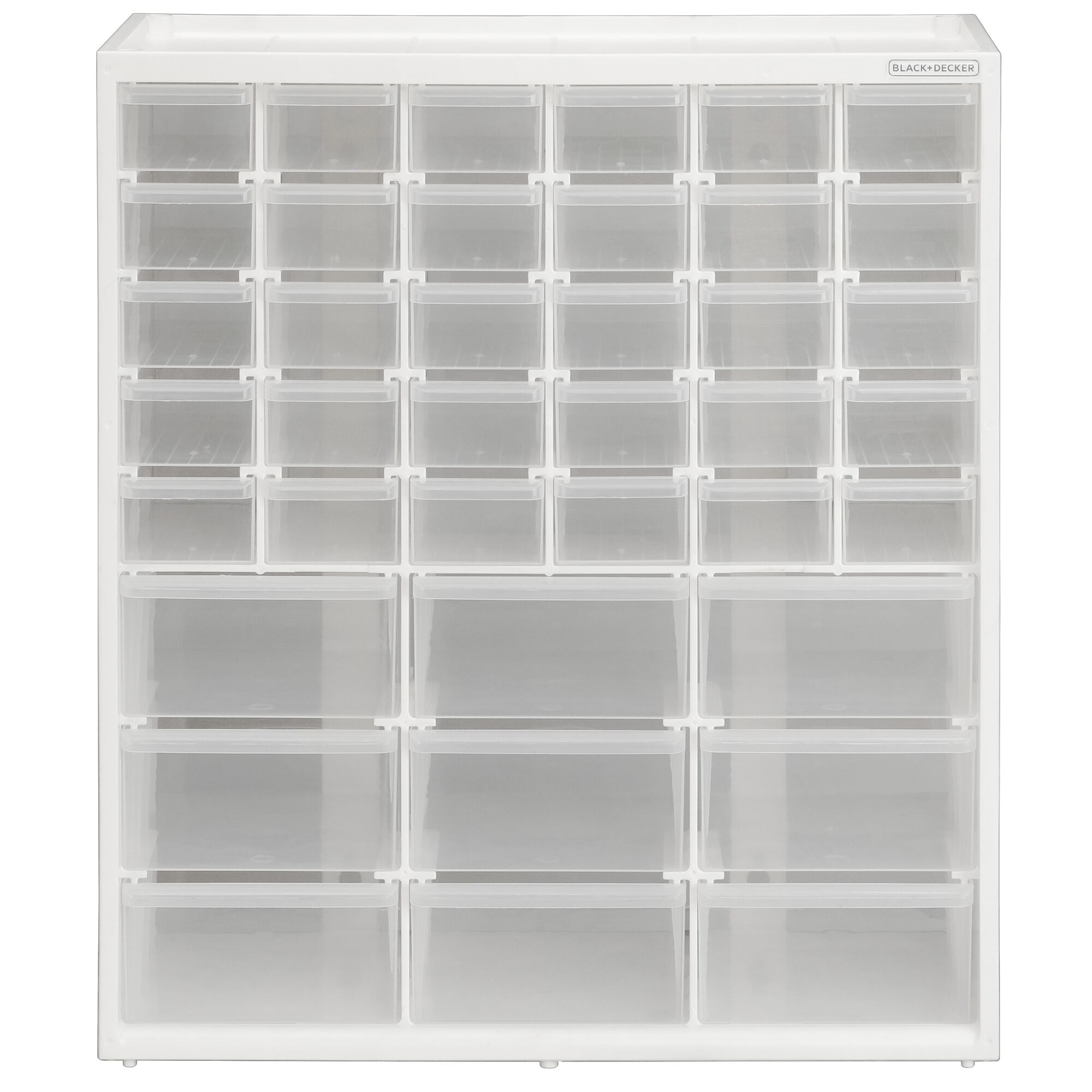 Front facing view of Black and decker Large & Small 39 Drawer Bin System with clear drawers