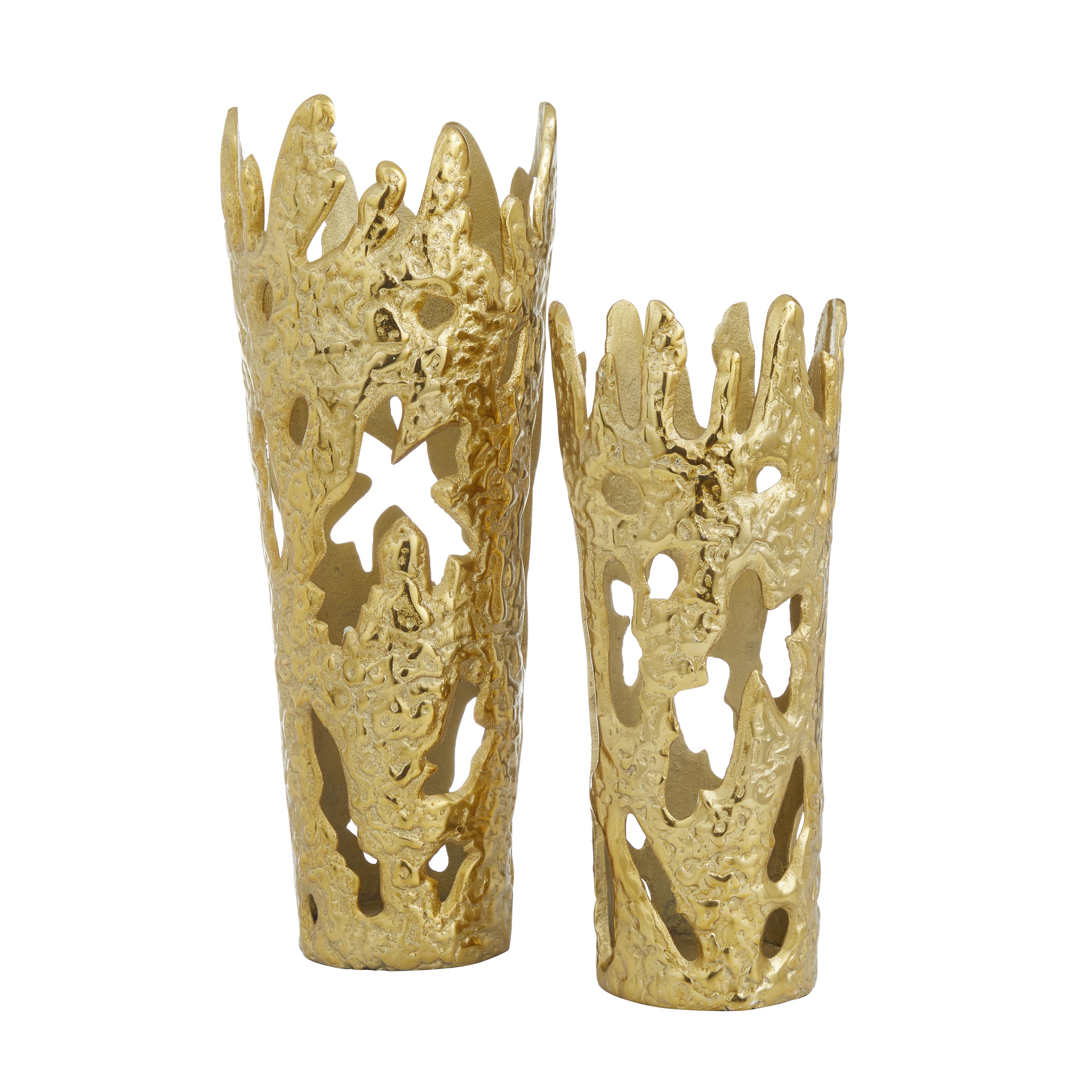 Gold Aluminum Metal  Decorative Vase with Cut Out Designs, Set of 2 20", 15"H