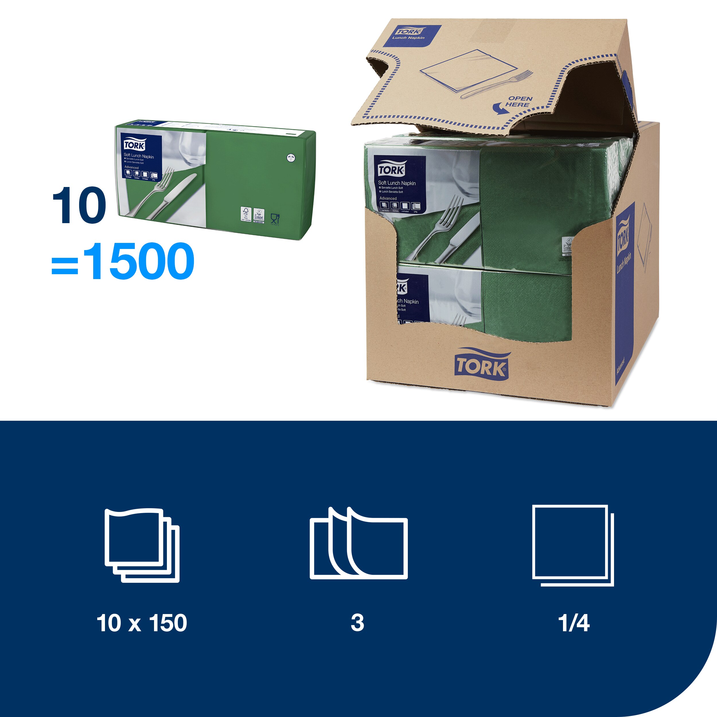 Servietter, 3 lag, Mørkegrøn, 33x33 cm, 1500 stk, Tork Advanced