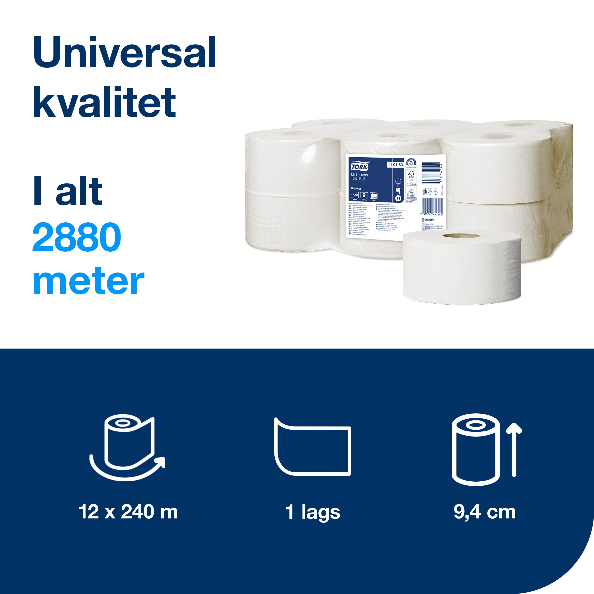 Toiletpapir, Udvendig oprulning, 1 lag, 12 ruller, Tork Universal Jumbo Mini T2