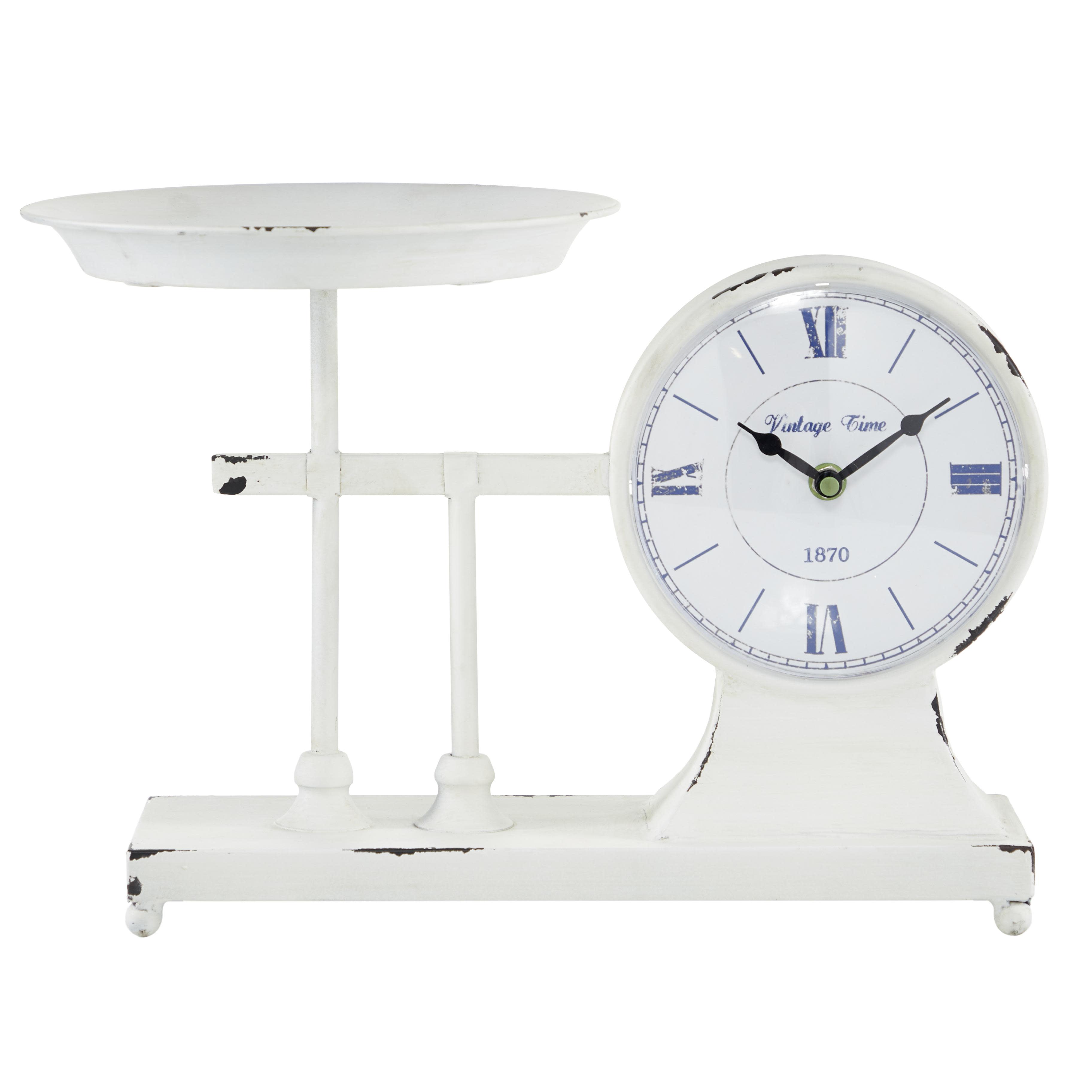 Distressed White Metal Table Clock Scale With Plate, 15" X 11"