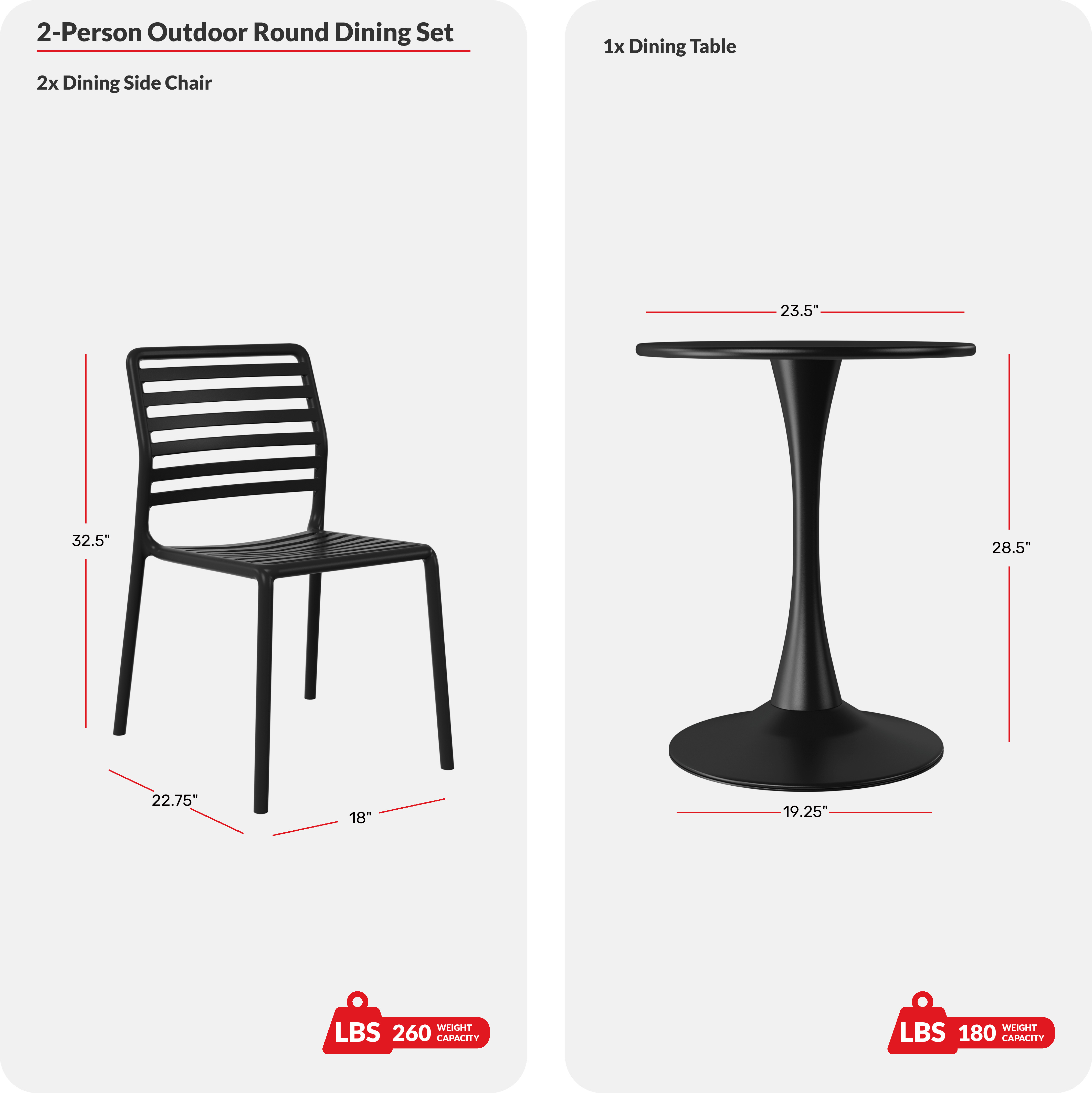 3-Piece Outdoor Metal Round Dining Table Set With Stackable Resin Patio Dining Chairs COS Spec Image