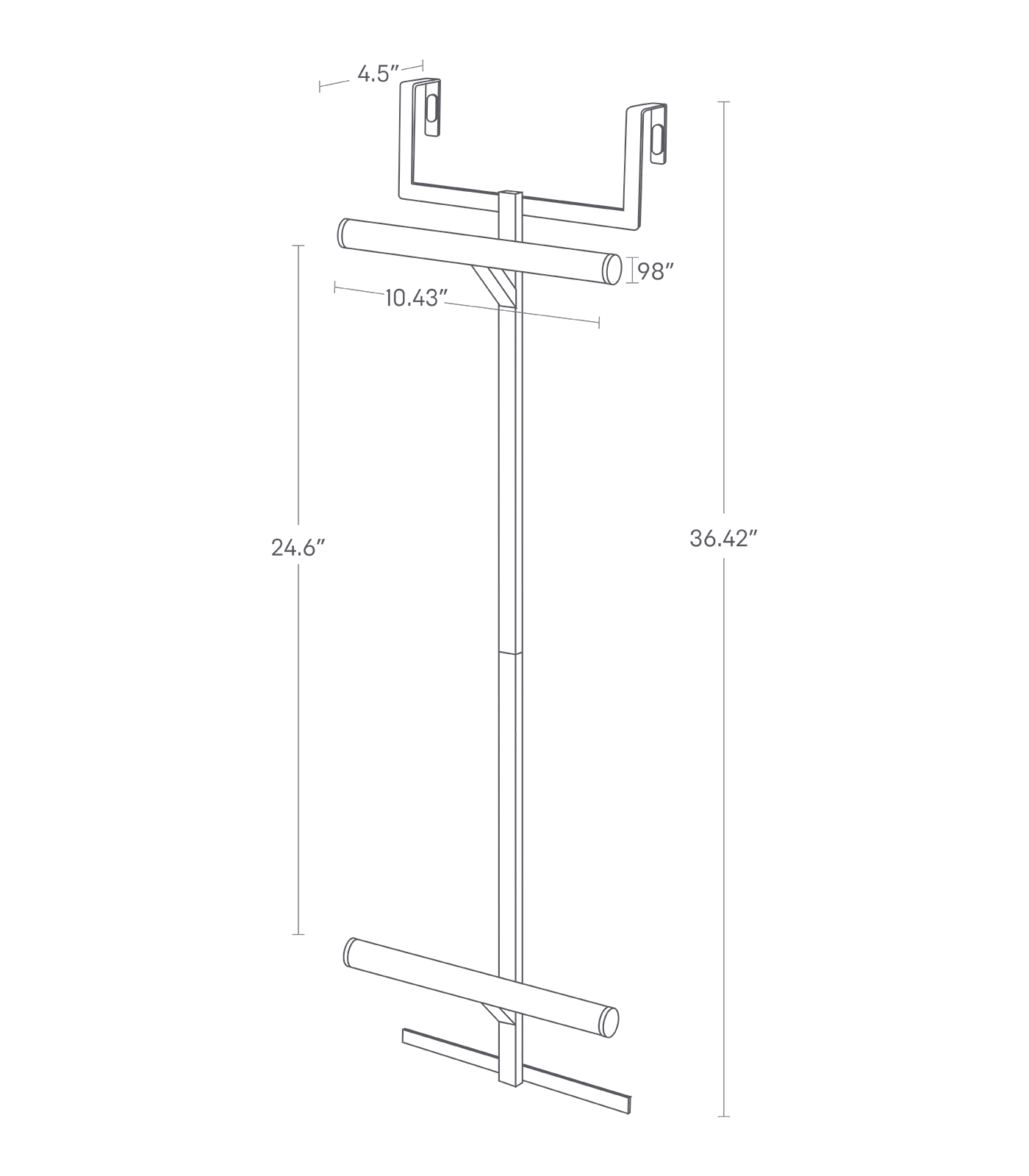 Dimension image for Over-the-Door Backpack Hanger on a white background with a total height of 36.42