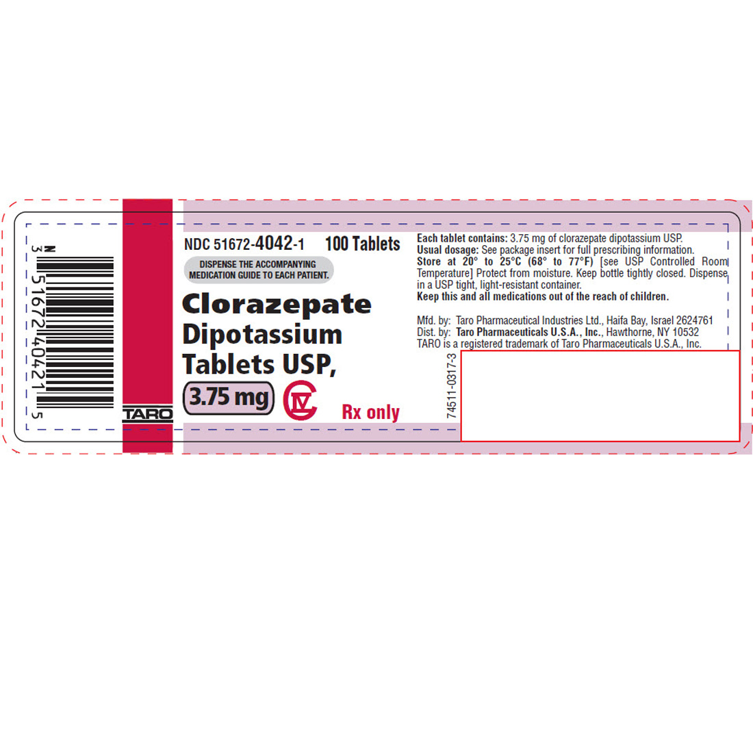 Clorazepate Dipotassium 3.75mg, 100 Tablets - 100/Bottle