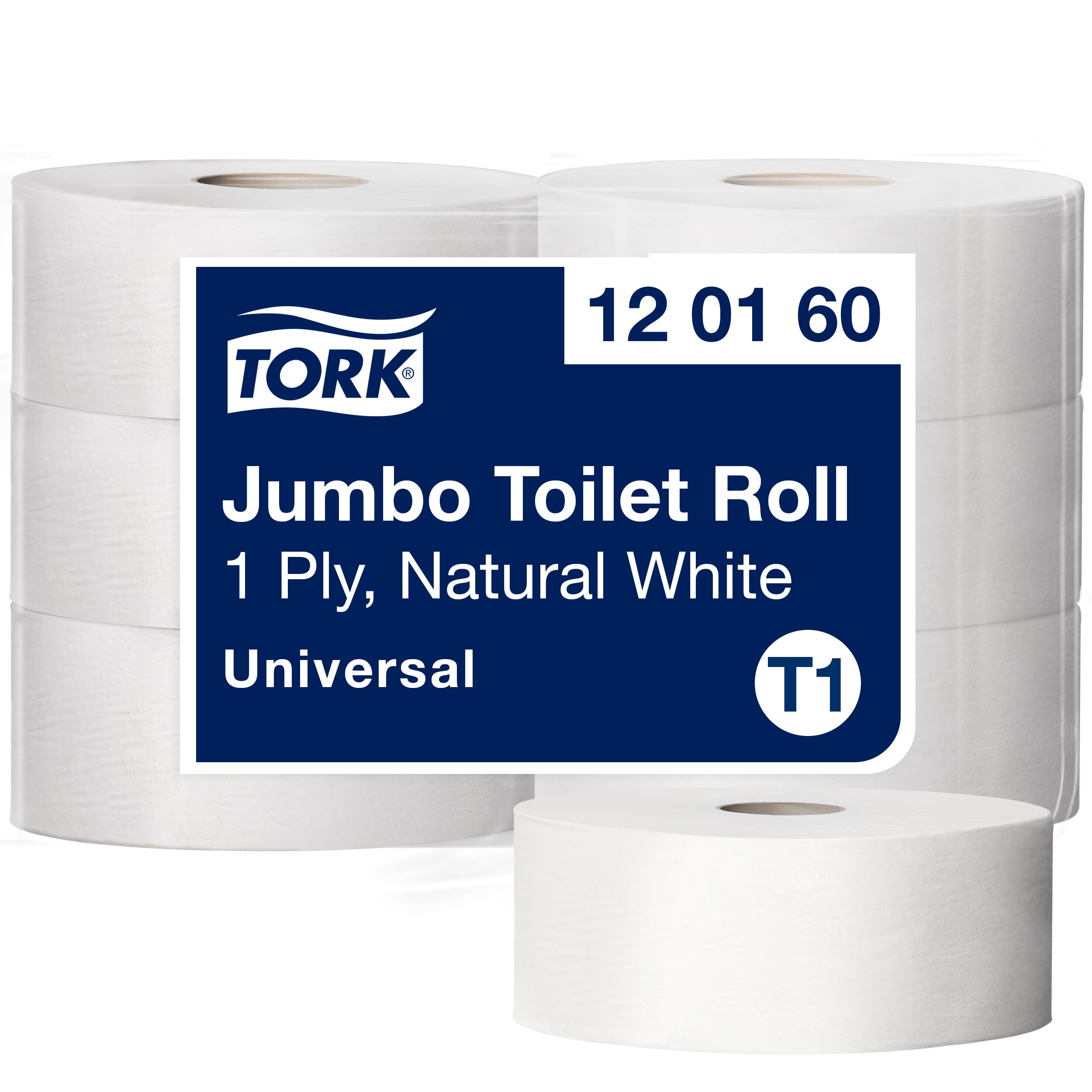 Toiletpapir, Udvendig oprulning, 1 lag, 6 ruller, Tork Jumbo Midi Universal T1