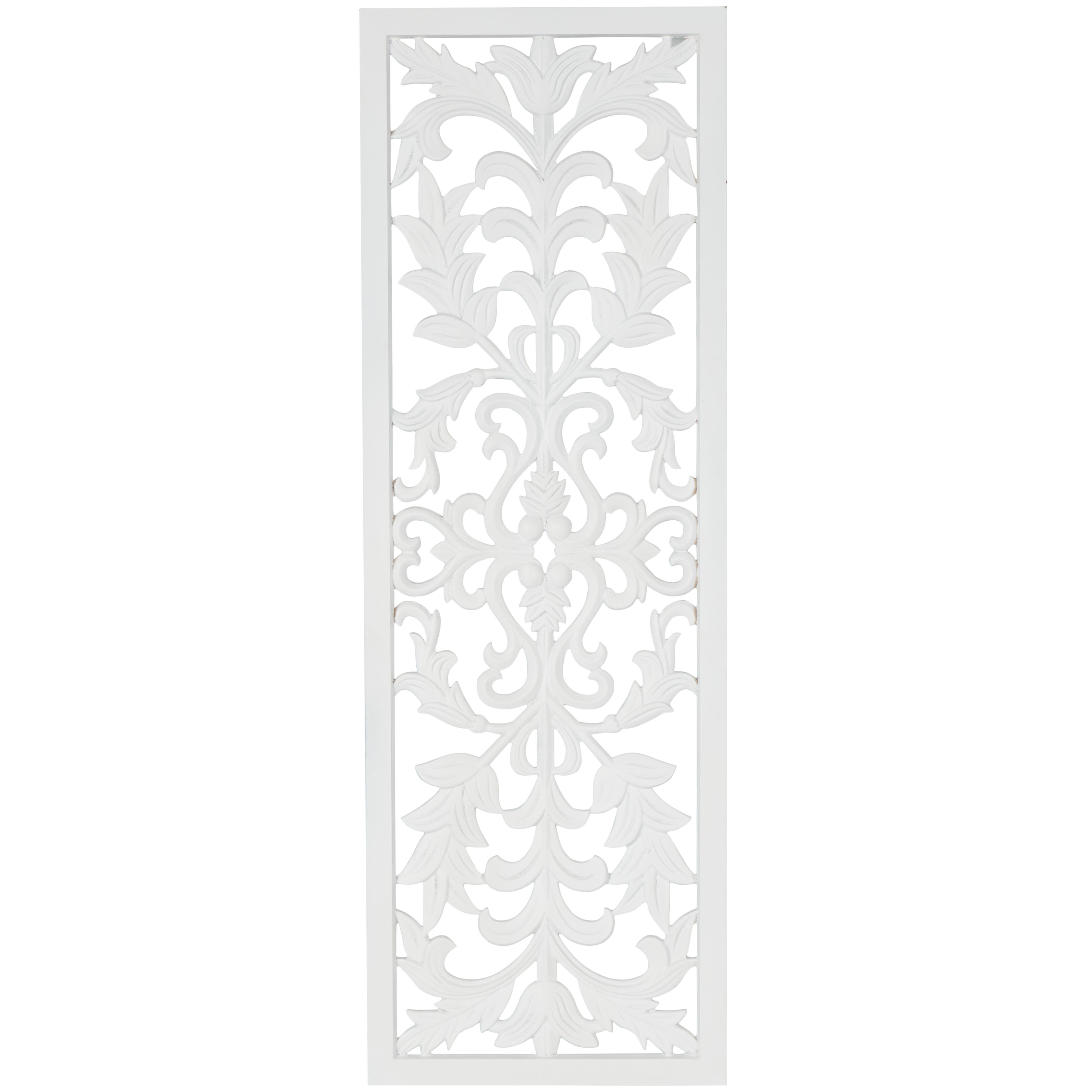 White Wood Floral Carved Panel Home Wall Decor with Scroll Details, 14" x 2" x 42"
