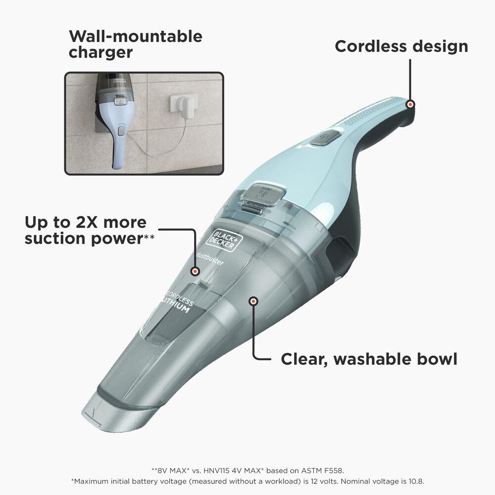 HNVC215B12AEV BEYOND BY BLACK+DECKER Cordless Dustbuster - Handheld Vacuum Cleaner features: wall mountable charger, up to 2x more suction power, clear washable bowl, cordless design