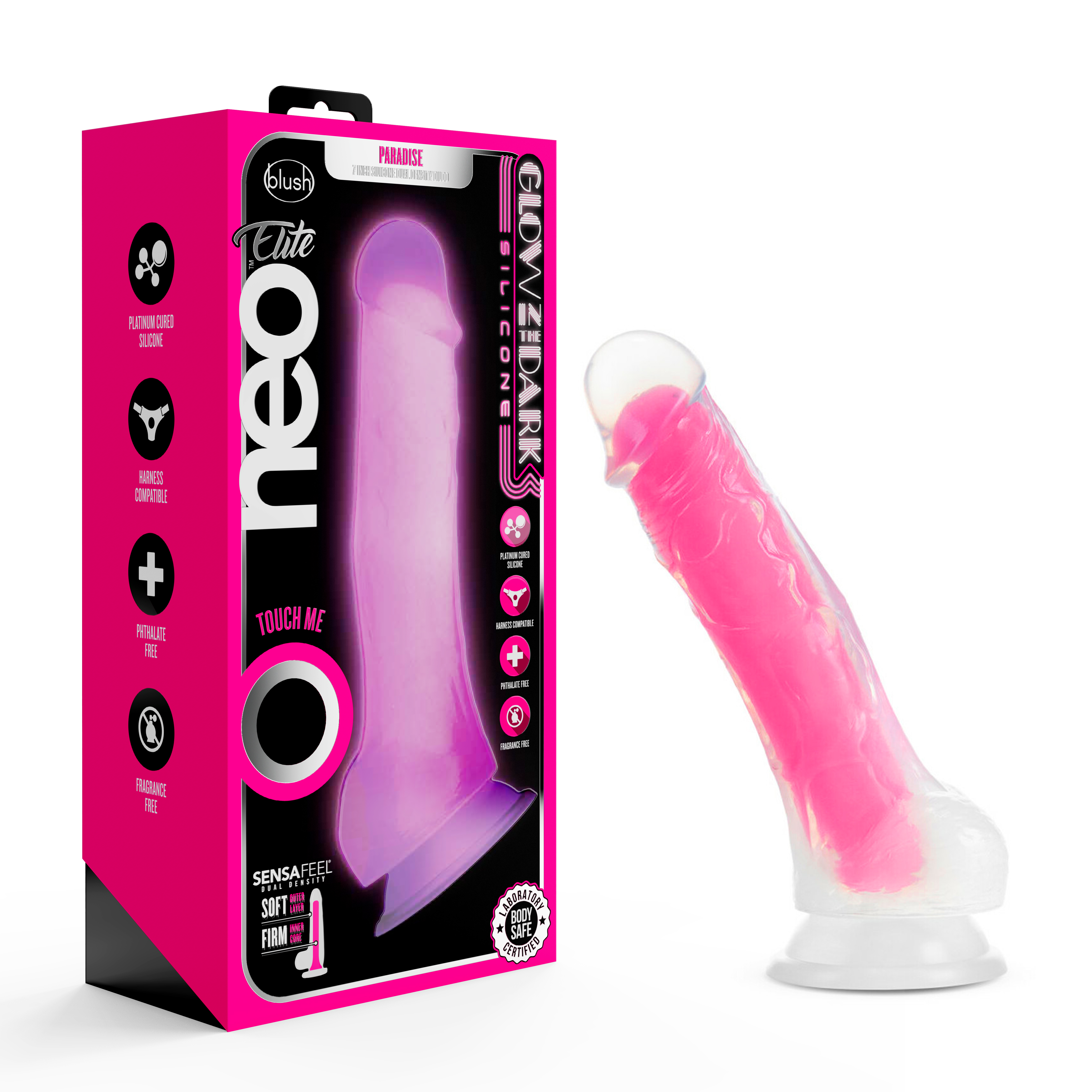 Blush Neo Elite? / Paradise Glow In The Dark Neon Pink: 7.5-Inch Long Dildo - Made with Purio? Silicone & SensaFeel? Dual Density Realistic Technology