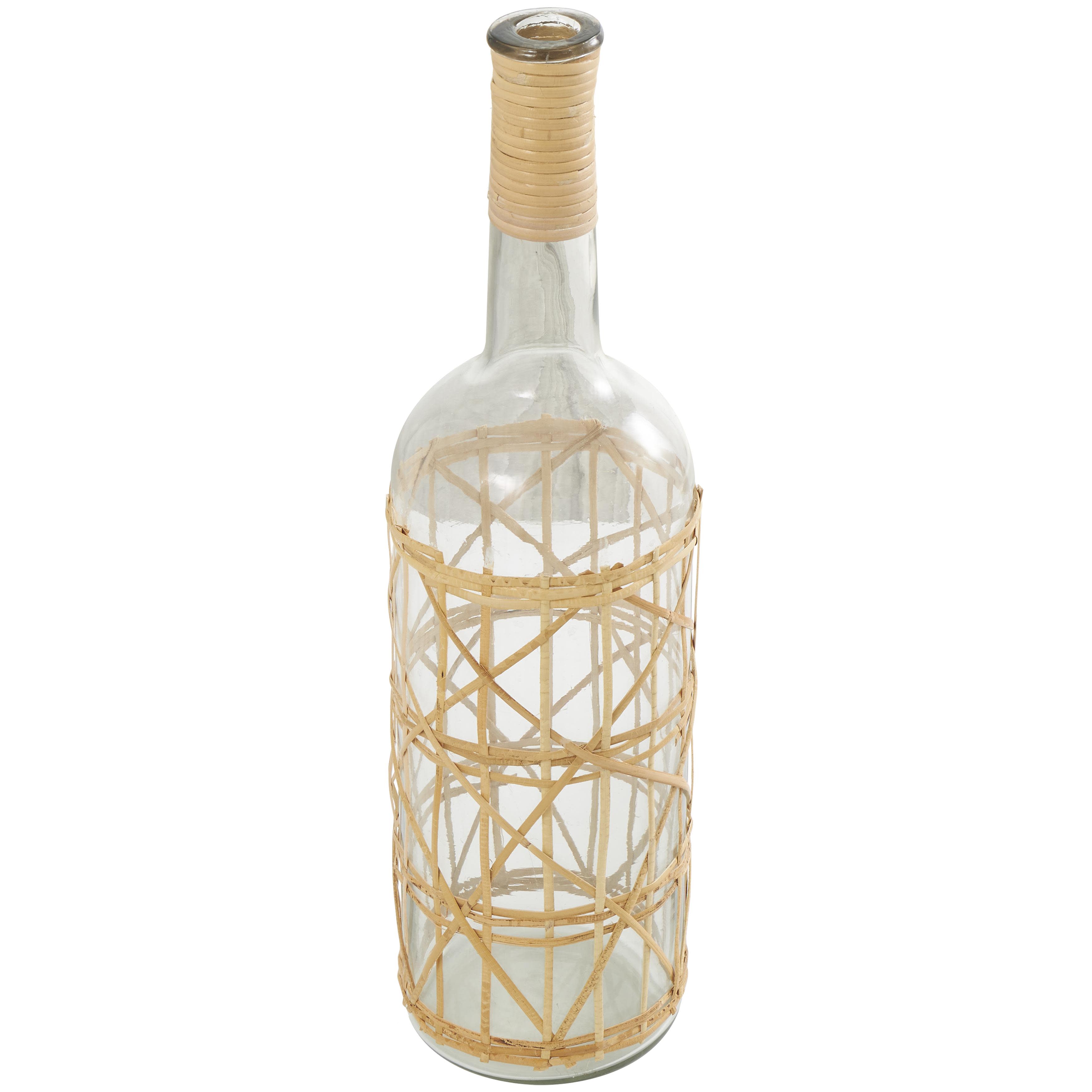 ( 2 PCS) Clear Glass  Handmade Tall Decorative Vase with Light Brown Rattan Woven Body and Neck, 6" x 6" x 23"