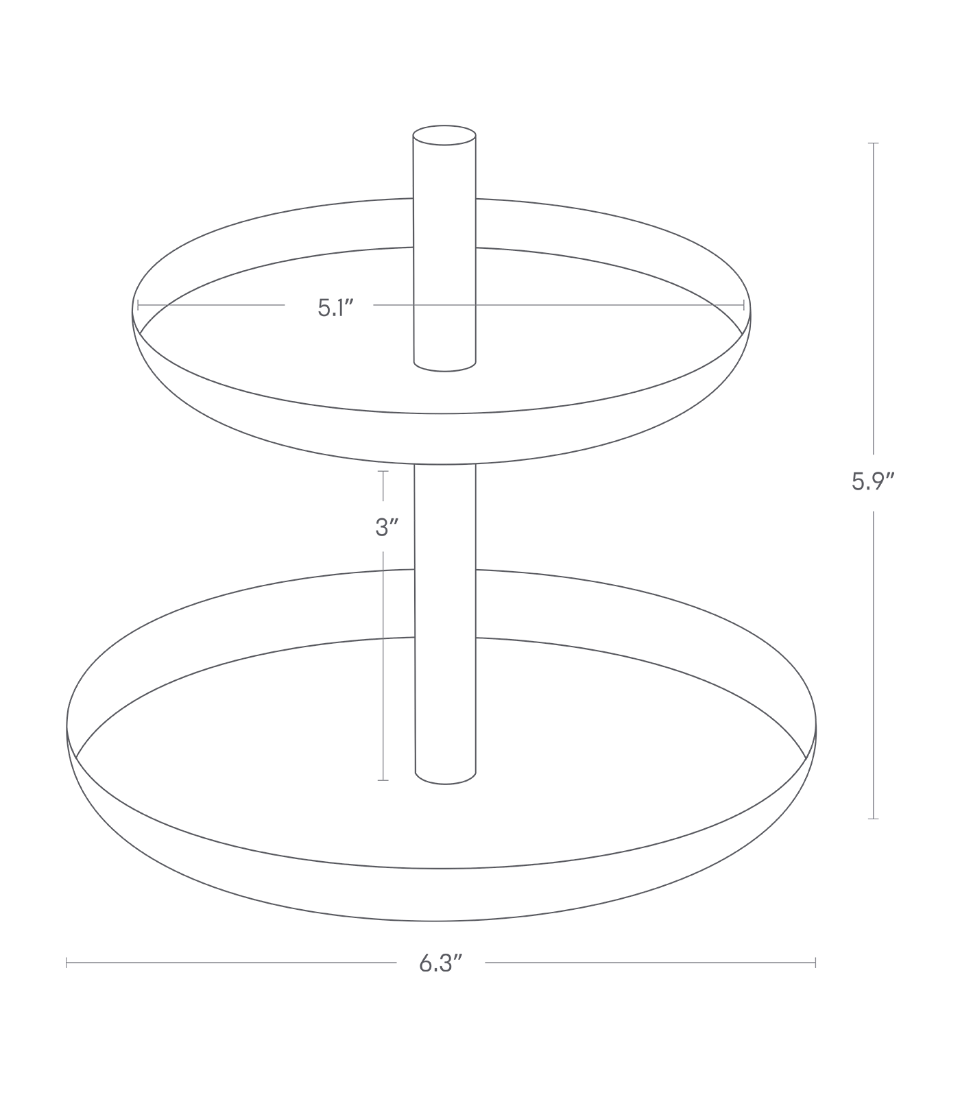 Dimension image for Jewelry Organizer showing total height of 5.9", top plate width of 5.1" ad bottom plate width of 5.1" and 3" between the top plate and the bottom plate