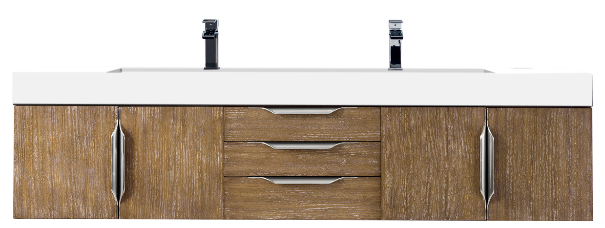 James Martin Columbia 72" Double Wall Mount Vanity, Latte Oak, w/ Glossy White Composite Stone Top and Stand Finish Options