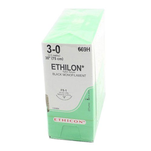 ETHILON® Nylon Black Monofilament Sutures, 3-0, FS-1, Reverse Cutting, 30" - 36/Box
