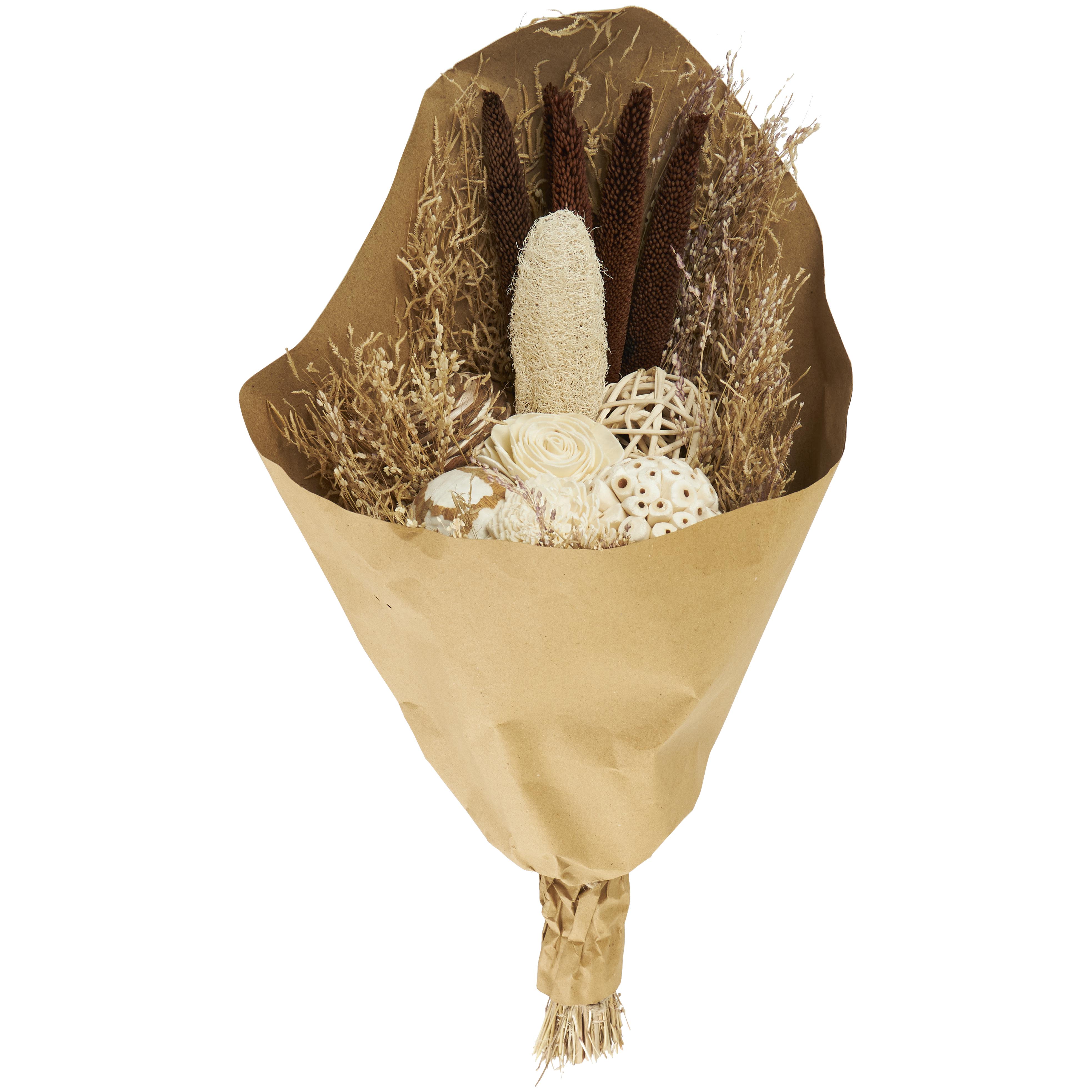 Brown Dried Plant Cattail Handmade Floral Wheat Grass Bouquet Home Decor Natural Foliage with Deco Ball Accents, 8" x 7" x 23"