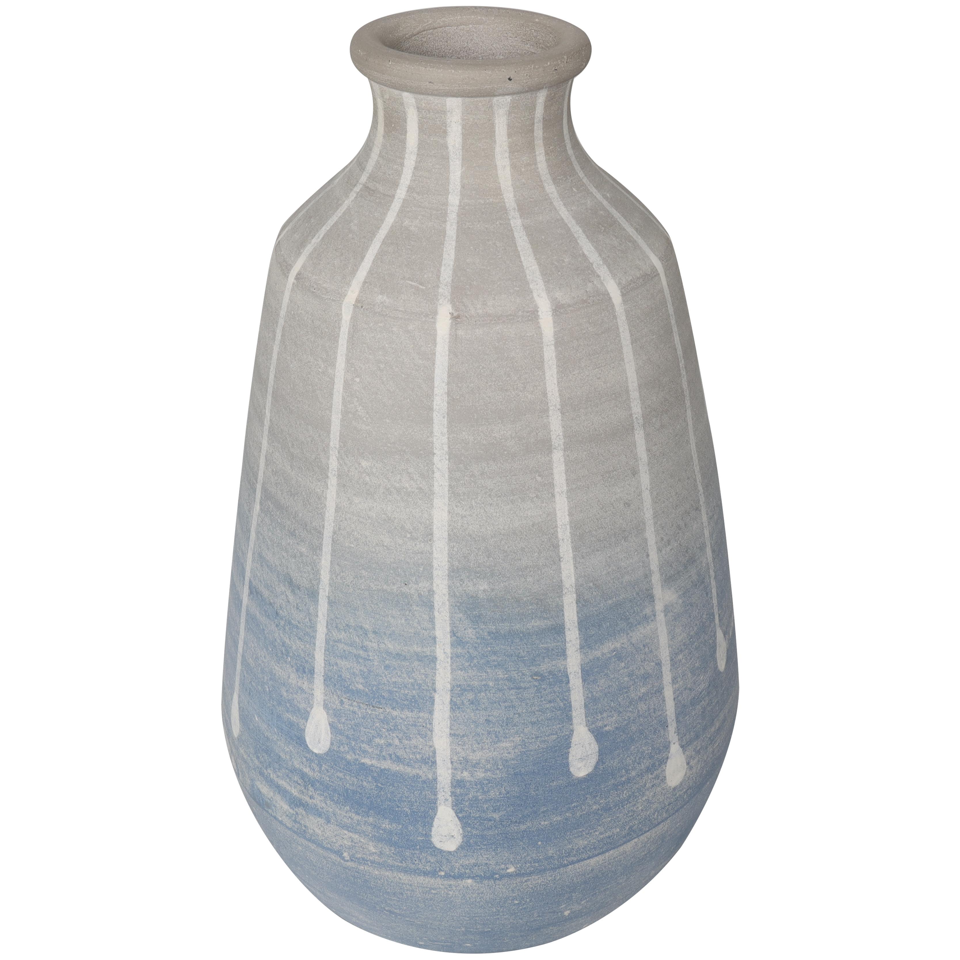 Blue Ceramic Abstract Abstract Ombre Drip Decorative Vase with Gray and White Accents, 9" x 9" x 14"