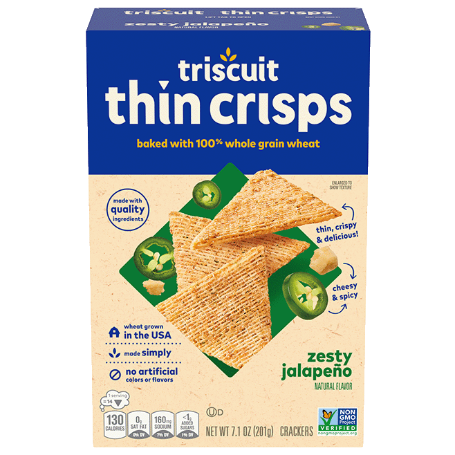 Triscuit Thin Crisps Zesty Jalapeno Whole Grain Wheat Crackers, Lunch Snacks, Snack Crackers, 7.1 oz