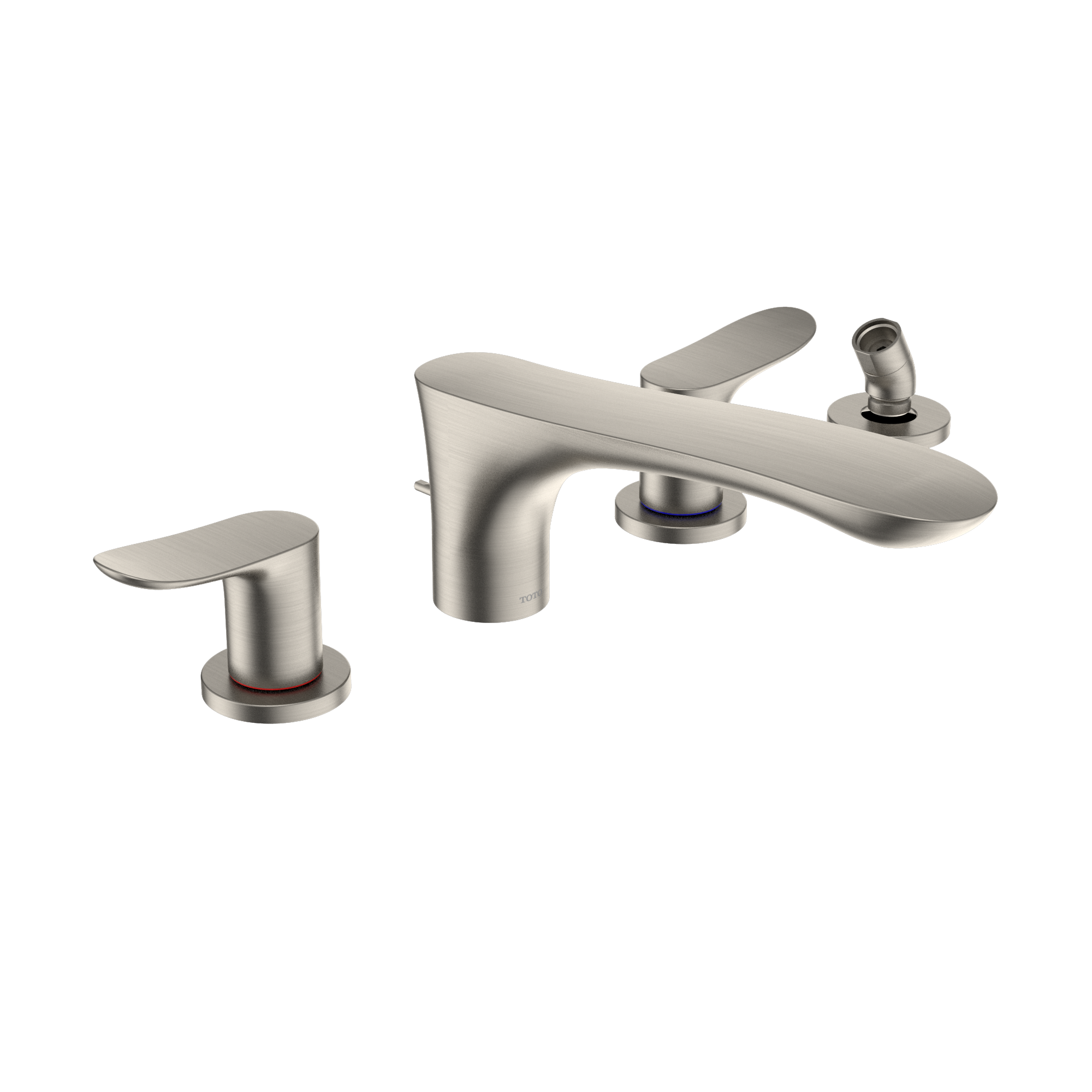 TOTO GO Two-Handle Deck-Mount Roman Tub Filler Trim with Handshower, Brushed Nickel, Brass, TBG01202U#BN