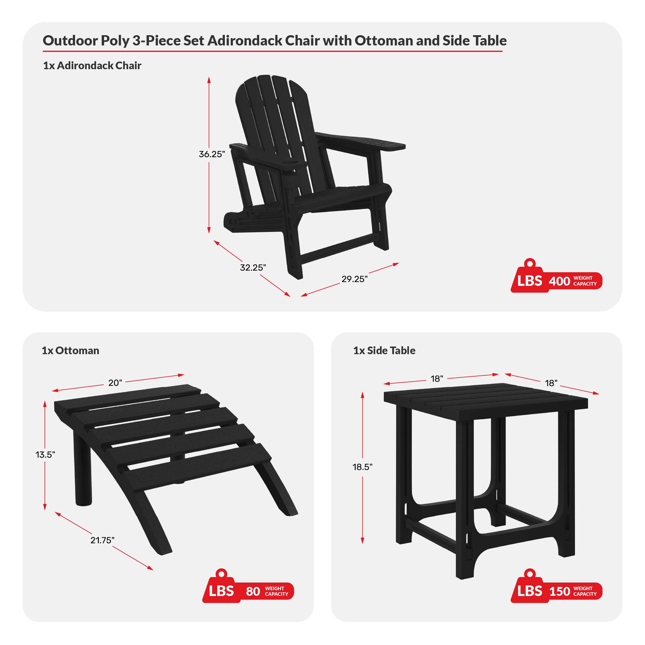 3-Piece HDPE Outdoor Patio Adirondack Chair with Ottoman and 18