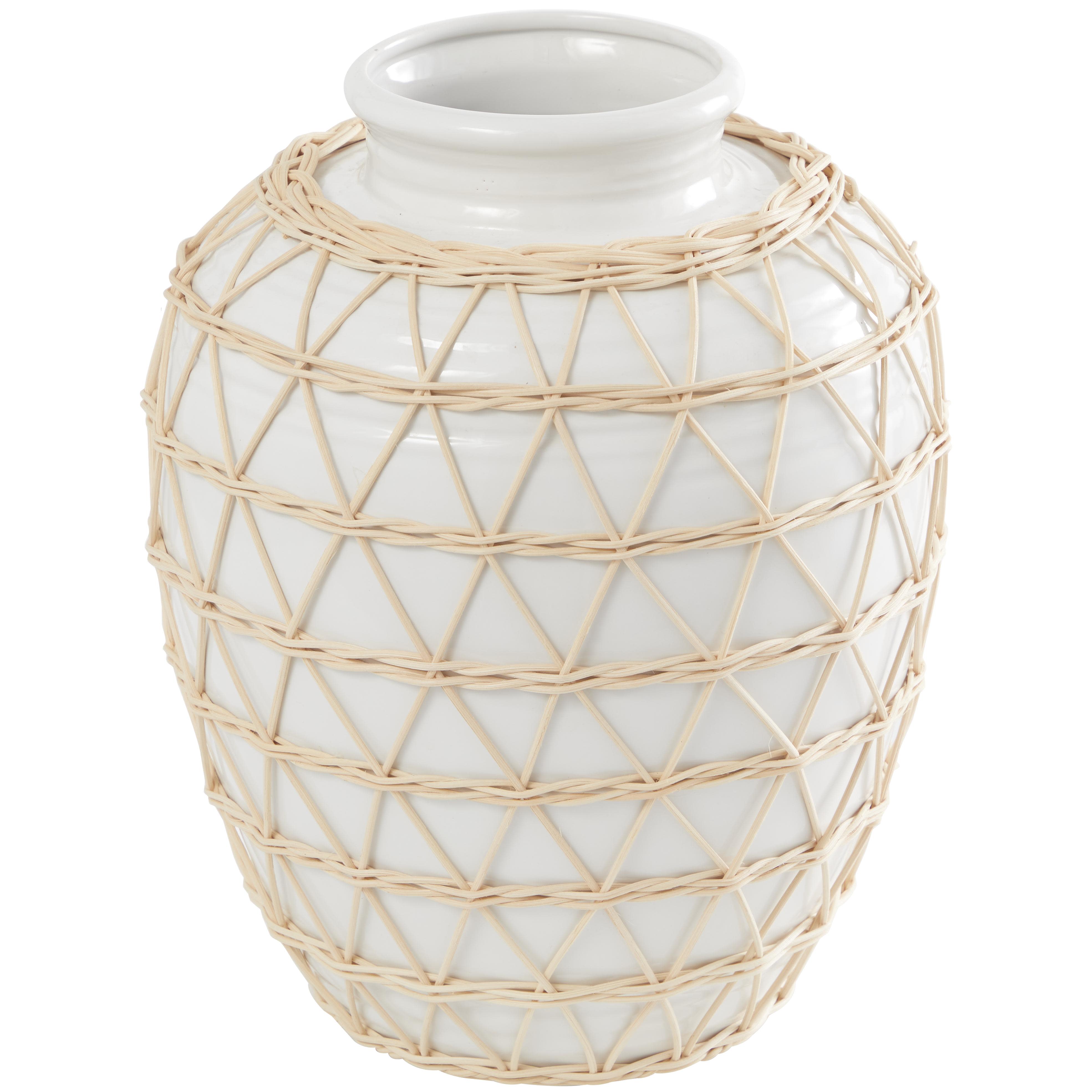 White Ceramic  Handmade Decorative Vase with Woven Rattan Exterior, 11" x 11" x 14"