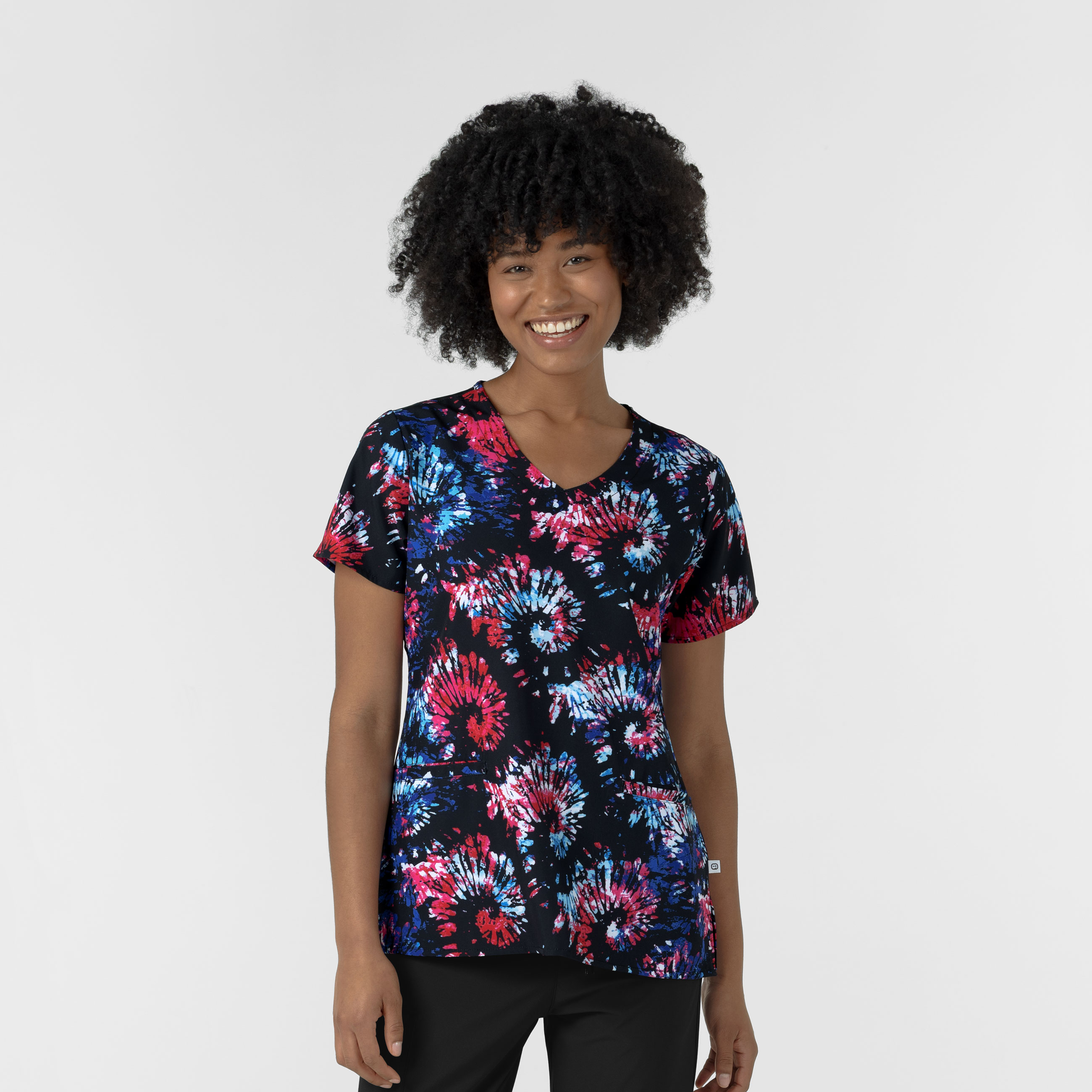 V-Neck Border Print Scrub Top-Wonder Wink