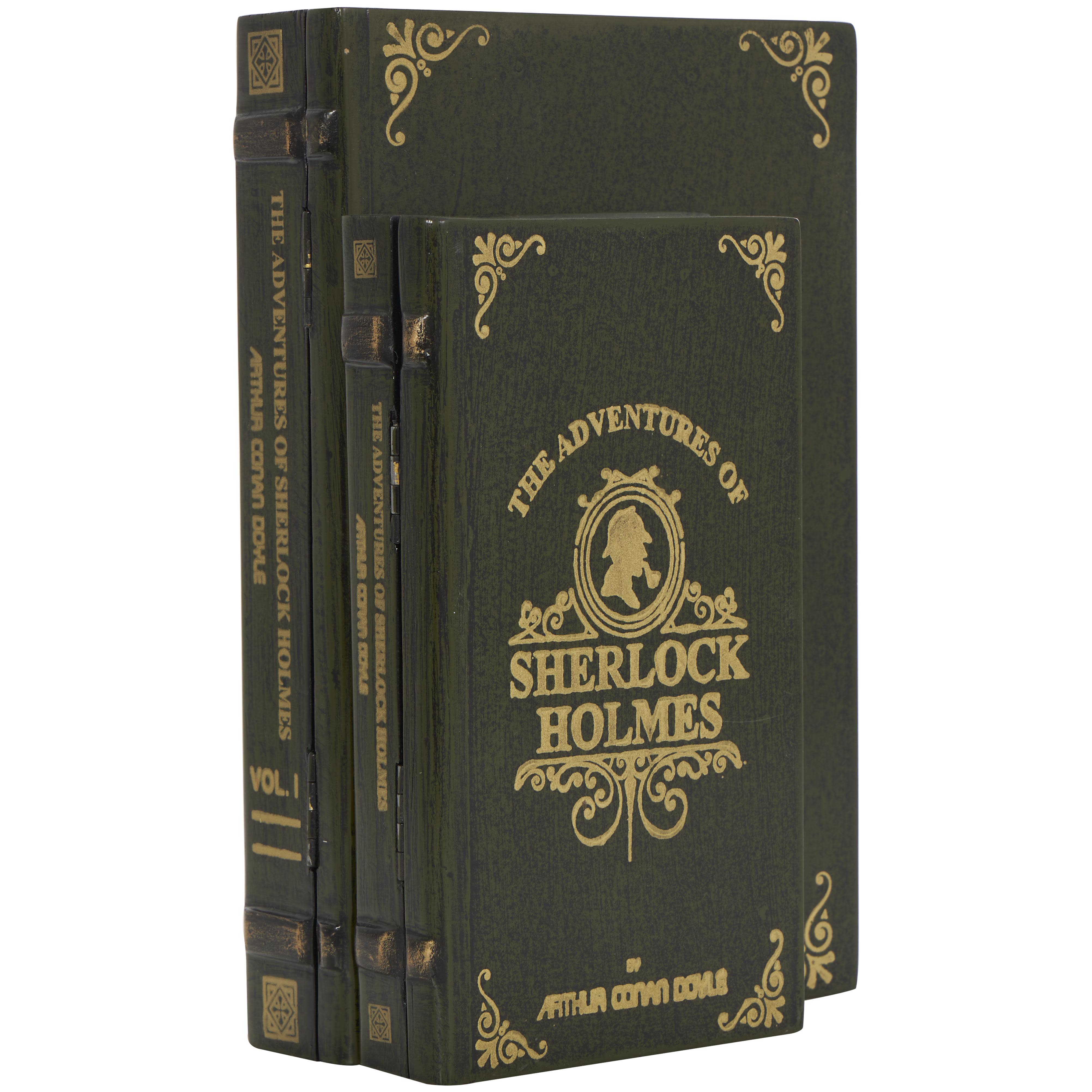 Green Mango Wood  "Sherlock Holmes" Faux Book Storage Decorative Box with Gold Accents, Set of 2 11", 9"H