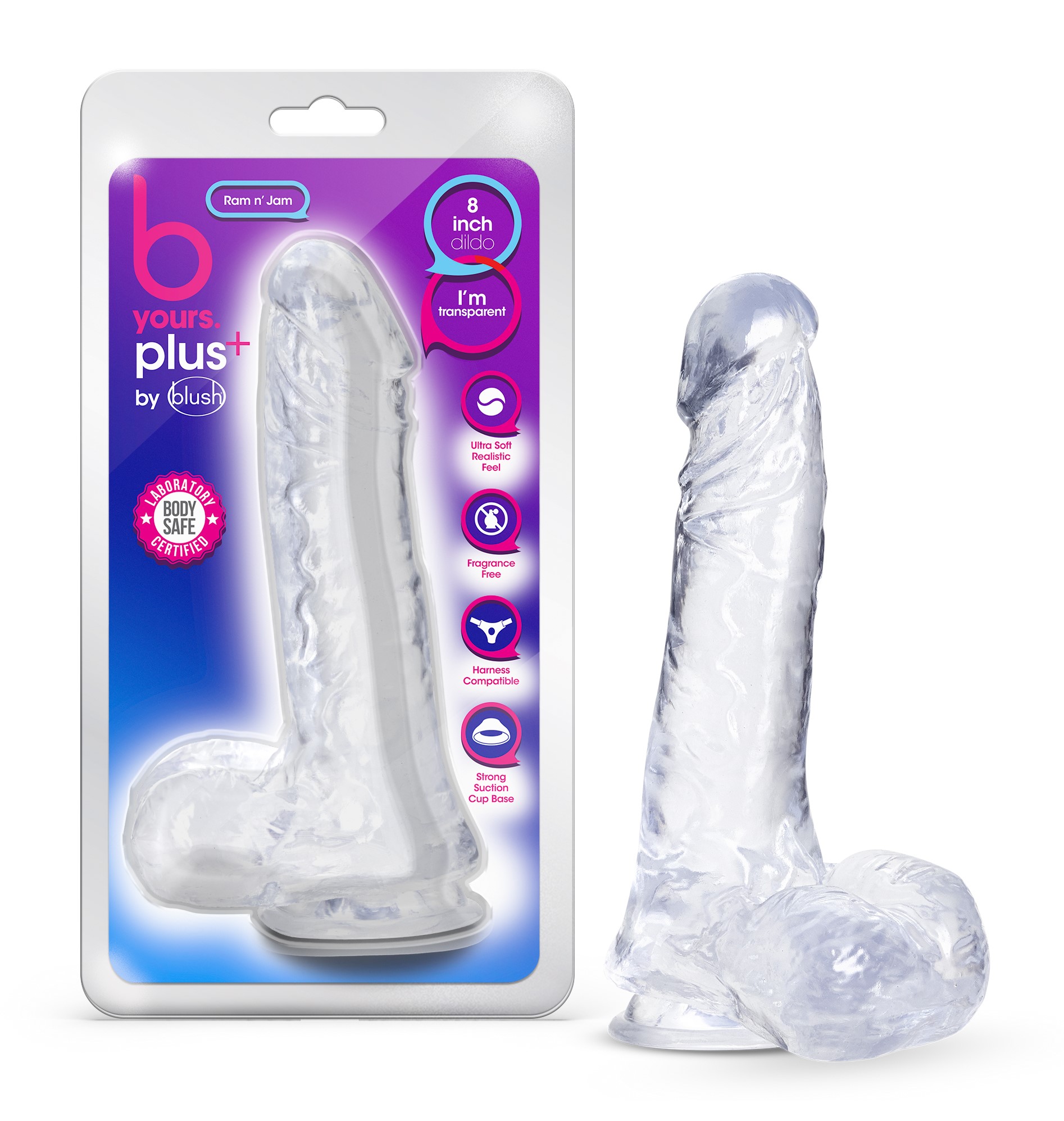 Blush B Yours Plus Ram N? Jam Realistic Clear 8-Inch Long Dildo With Balls & Suction Cup Base