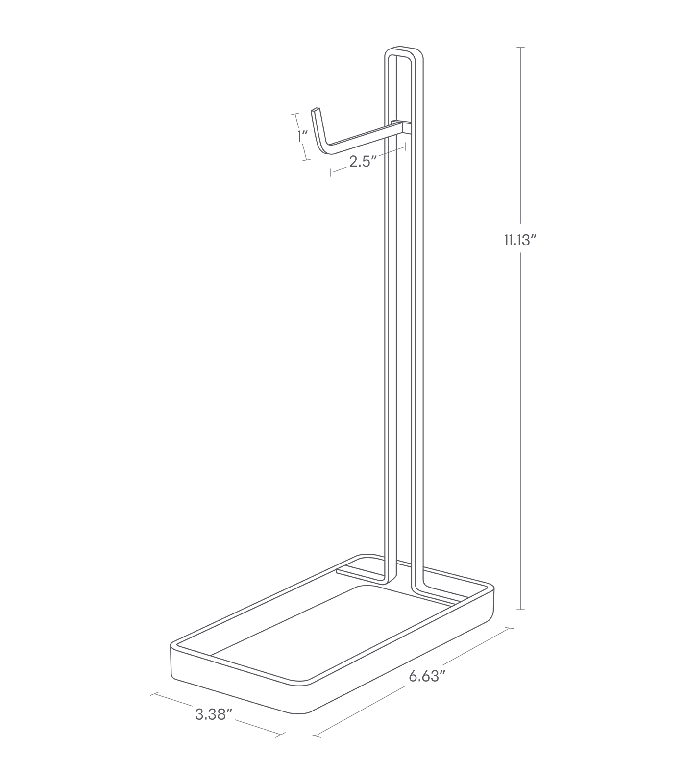 Dimension image for Banana Hanger showing height of 11.13", length of 6.63", width of 3.38" and a hook bar height of 1" and a hook bar length of 2.5",