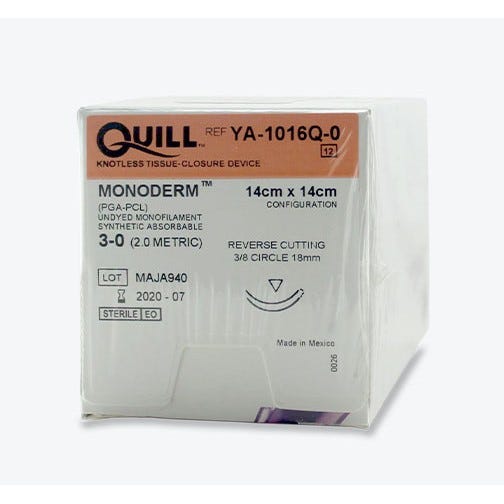 Quill™ Monoderm™ (PGA-PCL) Clear Monofilament Sutures, 3-0, 18mm 3/8 Circle, Reverse Cutting, 14cm x 14cm Barb Configuration -12/Box