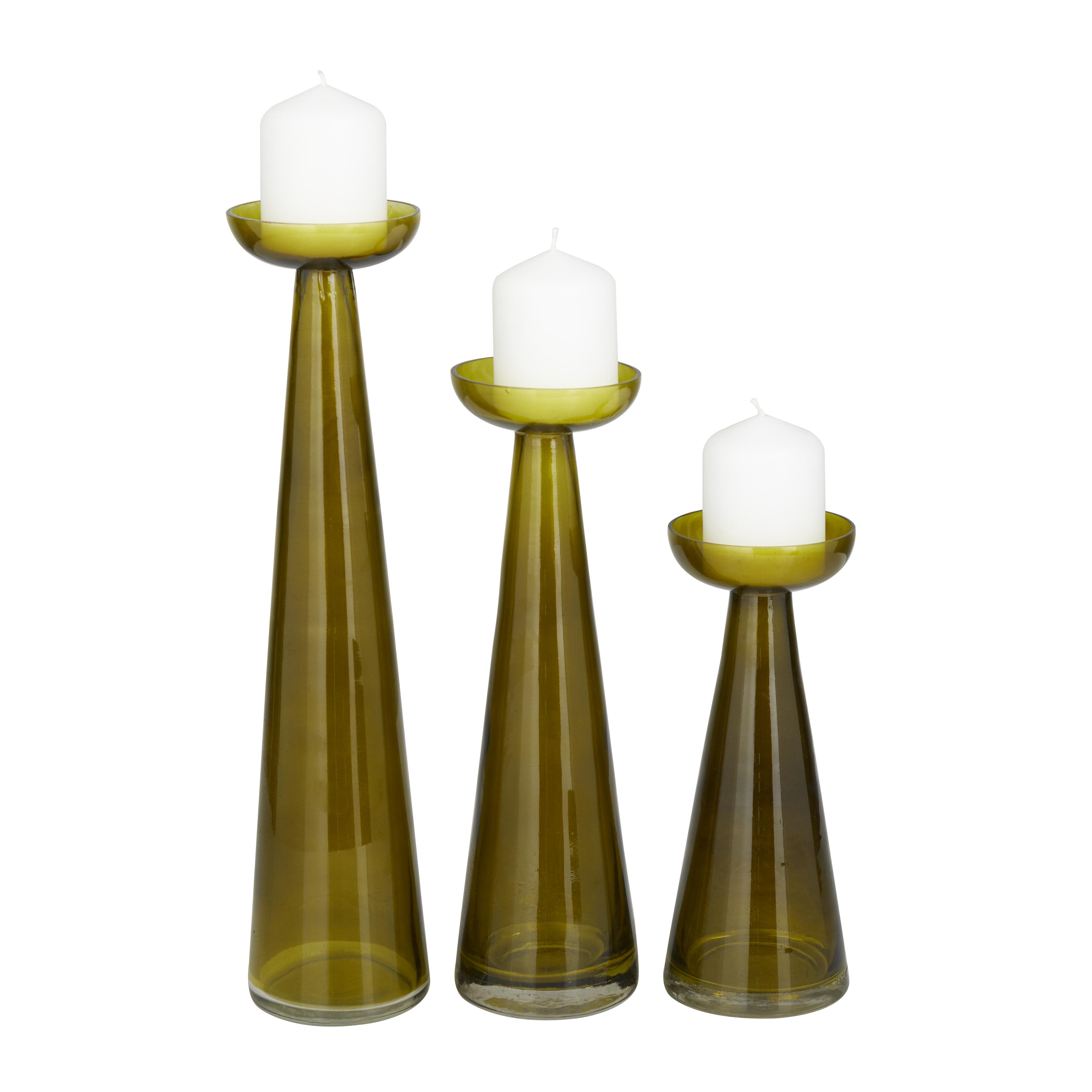 The Novogratz Green Glass  Tapered Cone Decorative Candle Holder with Rounded Candle Plates, Set of 3 15", 12", 9"H