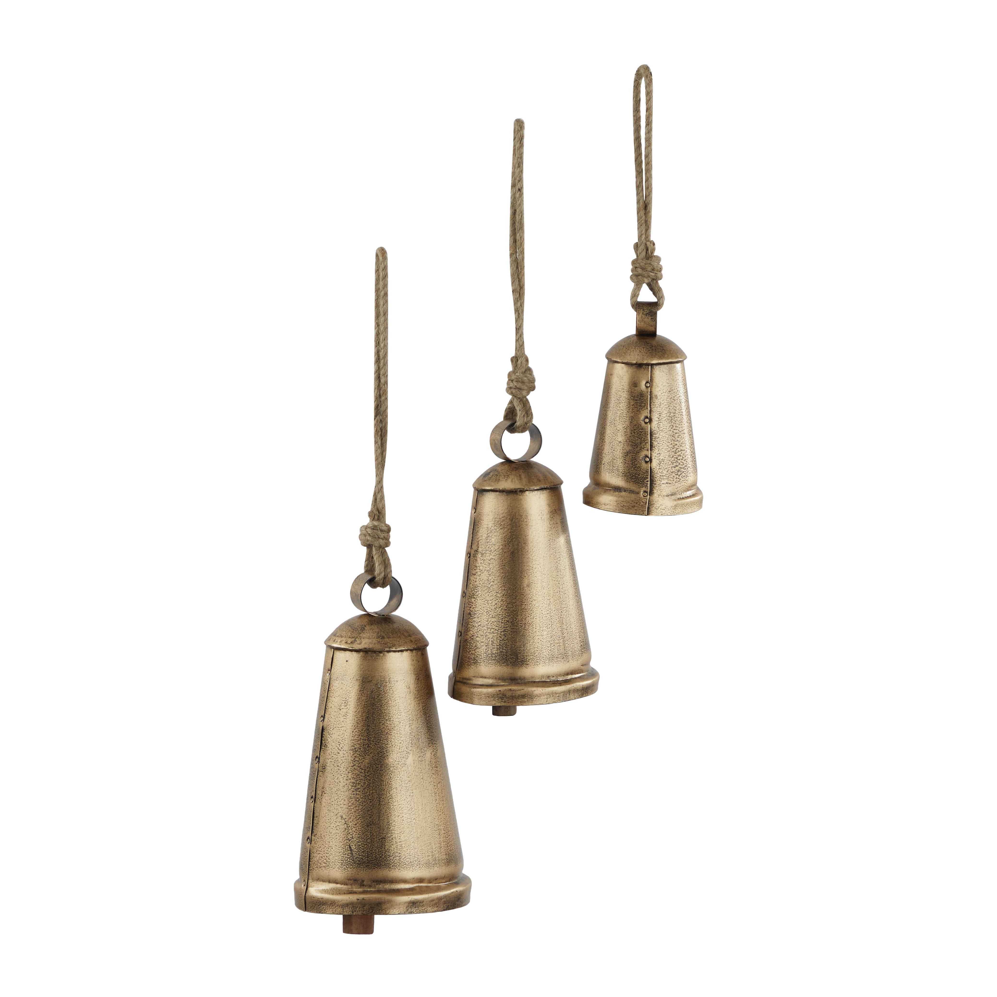 Bronze Metal  Tibetan Inspired Indoor Outdoor Decorative Cow Bells with Jute Hanging Rope, Set of 3 12",9",6"H
