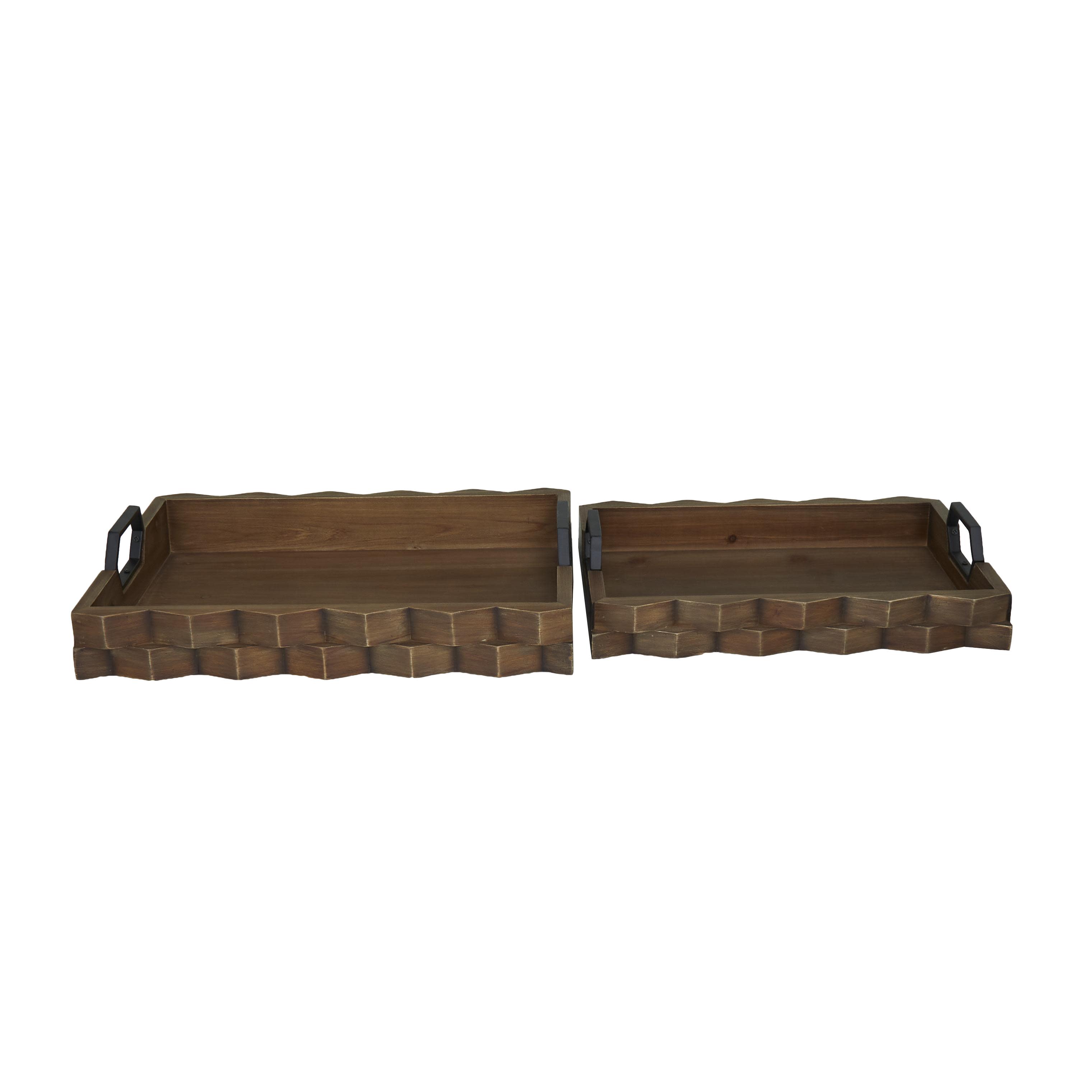 Dark Brown Wood  Living Room Decor Tray with Metal Handles, Set of 2 14", 16"W