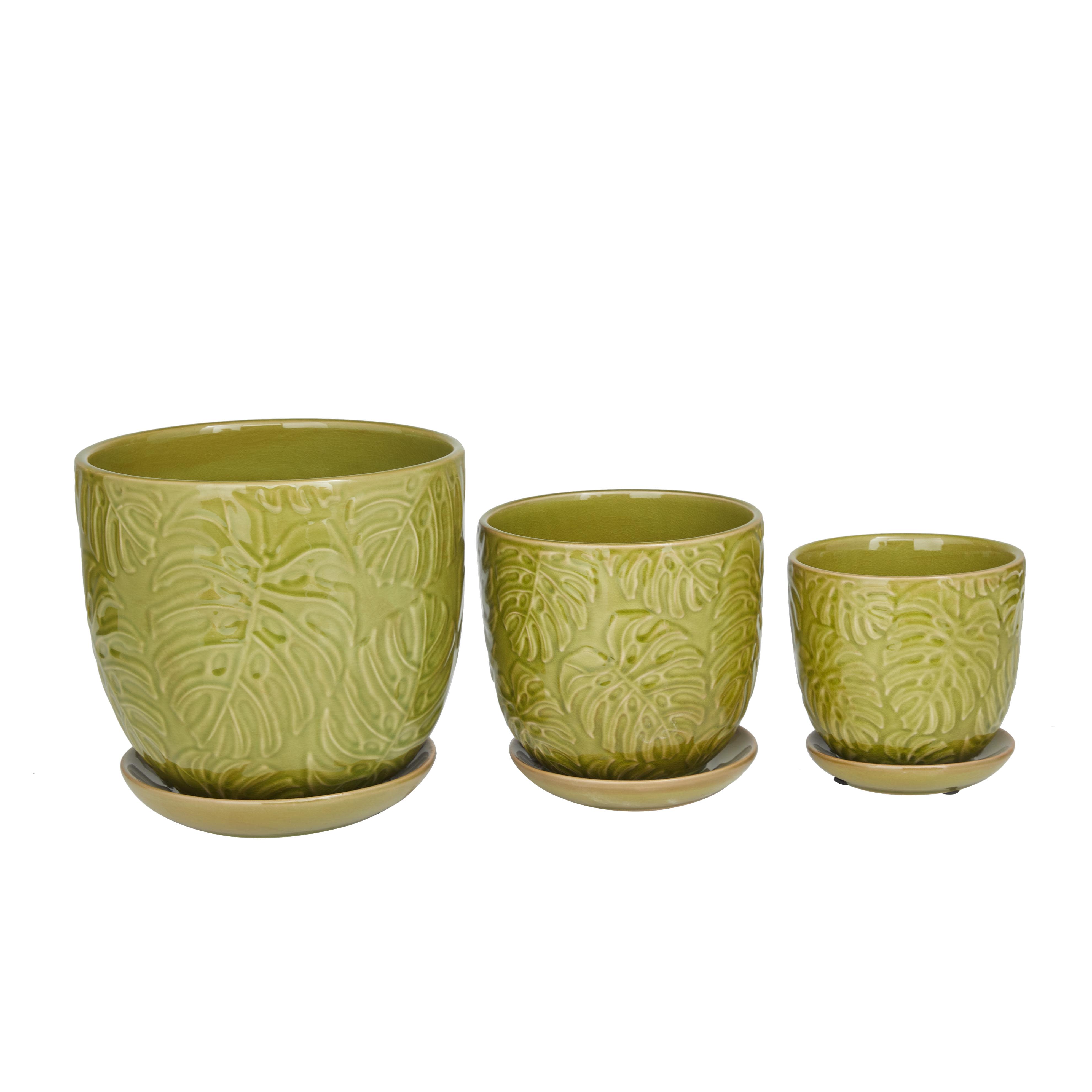 Yellow Porcelain Ceramic Leaf Indoor Outdoor Planter with Attached Saucer, Set of 3 8", 6", 5"H