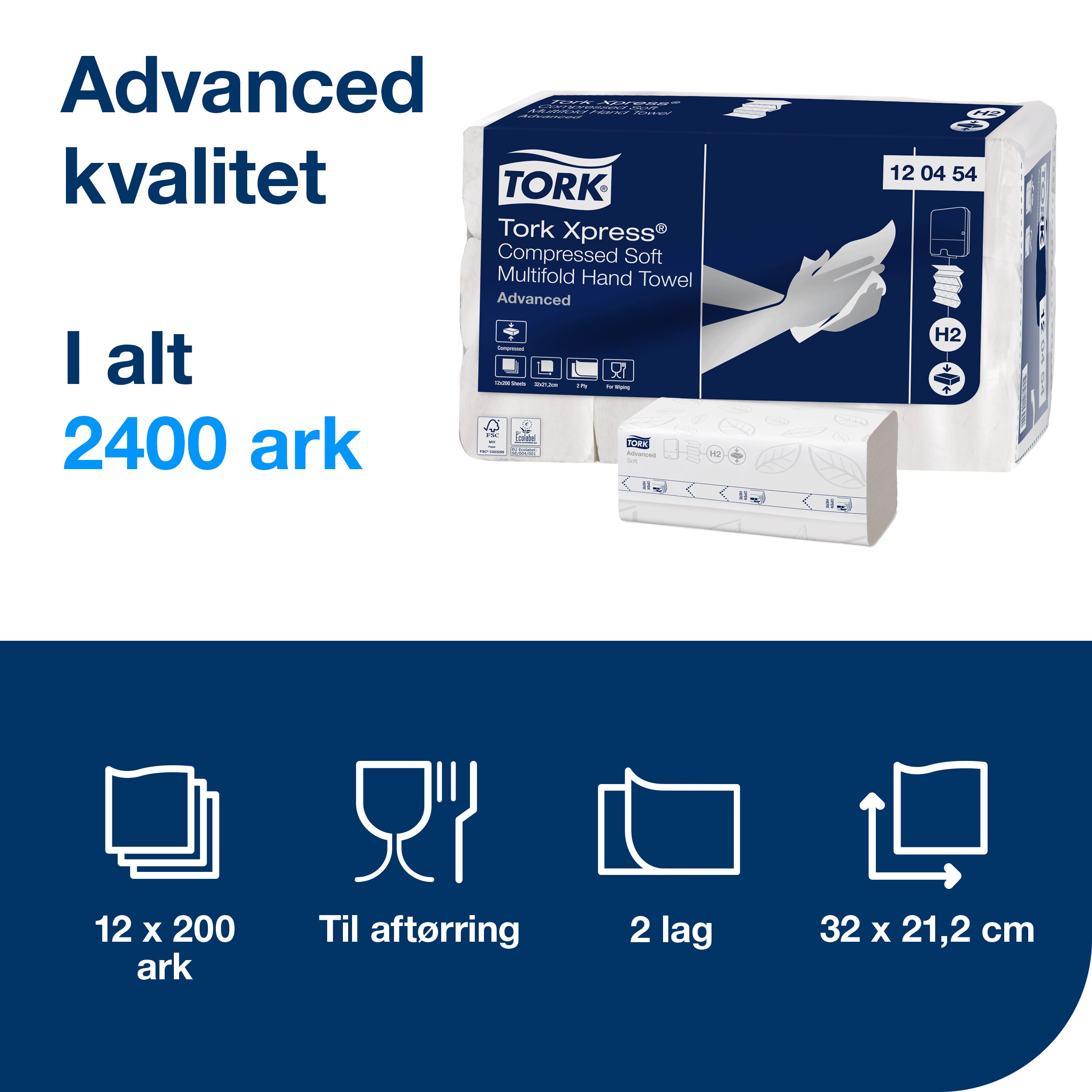 Håndklædeark, 2 lag, M-fold, 2400 ark, Tork Advanced H2