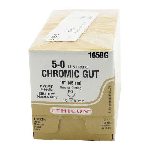 Chromic Gut Sutures, 5-0, P-2, Reverse Cutting, 18" - 12/Box