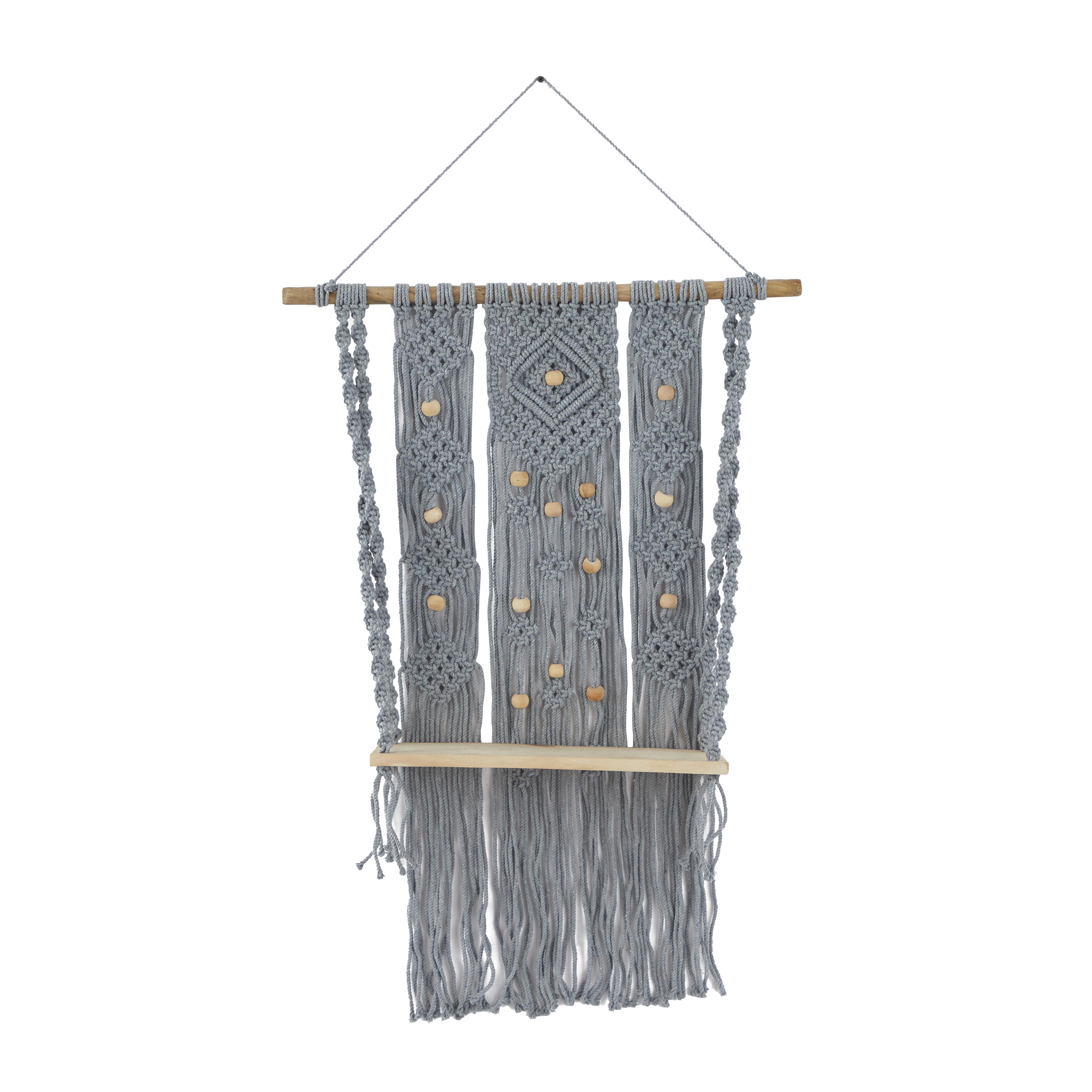 Gray Cotton Fabric  Handmade Macrame 1 Shelf Wall Shelf, 25" x 6" x 46"