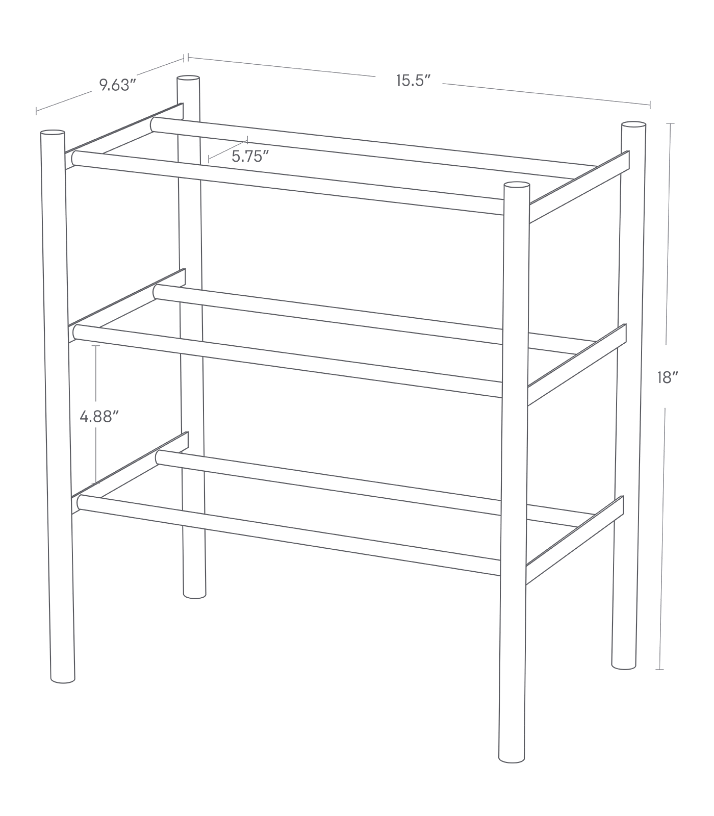 PLAIN Expandable Shoe Rack. 18 inches tall, 15.5 inches long, 9.63 inches wide. Tiers 4.88 inches apart in length.