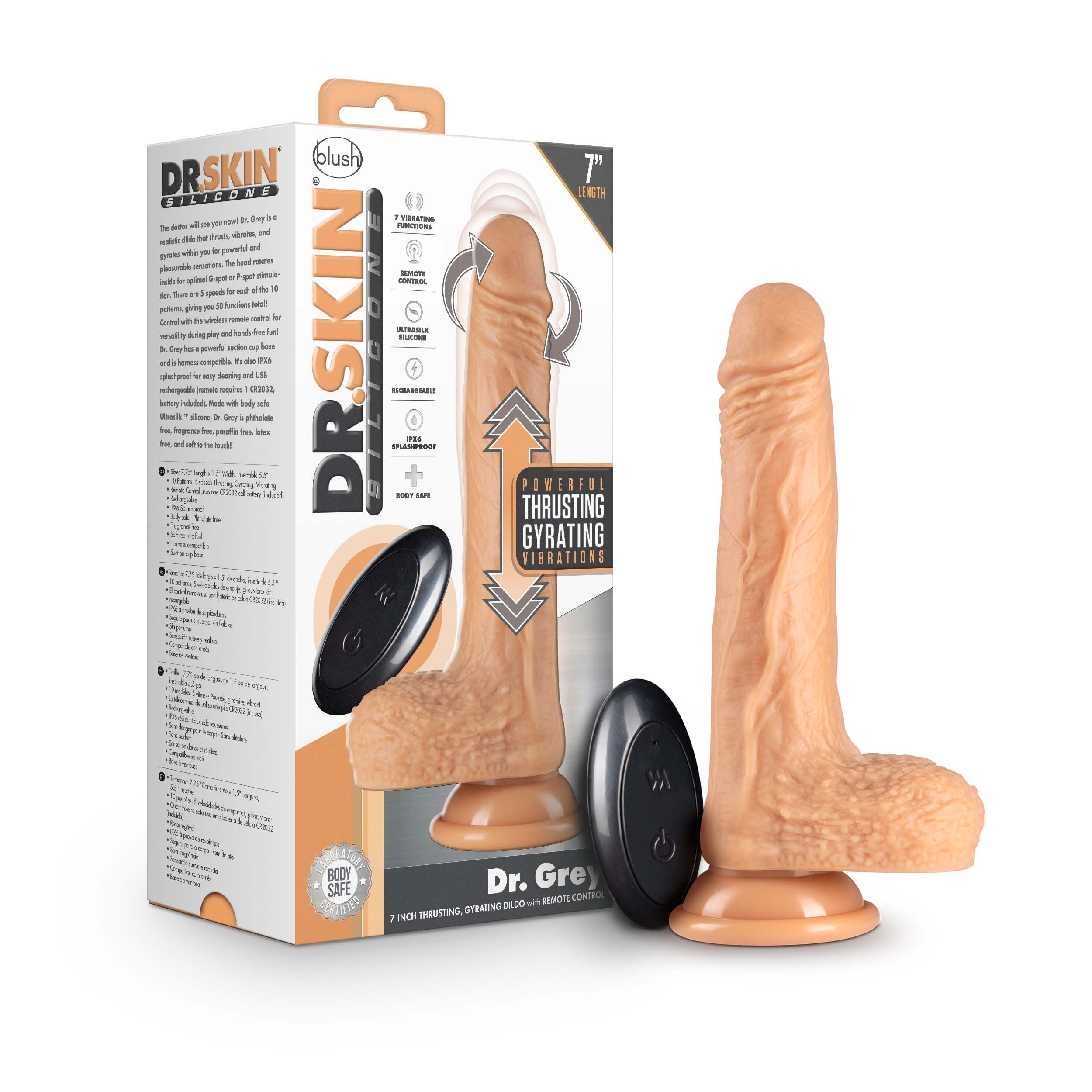 Blush Dr. Skin Silicone Dr. Grey Vanilla 7.75-Inch Long Rechargeable Thrusting & Vibrating Dildo With Suction Cup Base