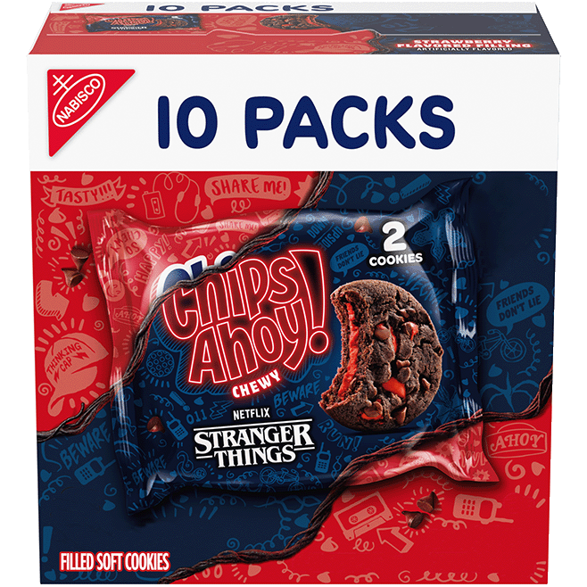 CHIPS AHOY! Stranger Things Chewy Chocolatey Strawberry-Flavored Filled Soft Cookies, Limited Edition, 10 Snack Packs (2 Cookies Per Pack)