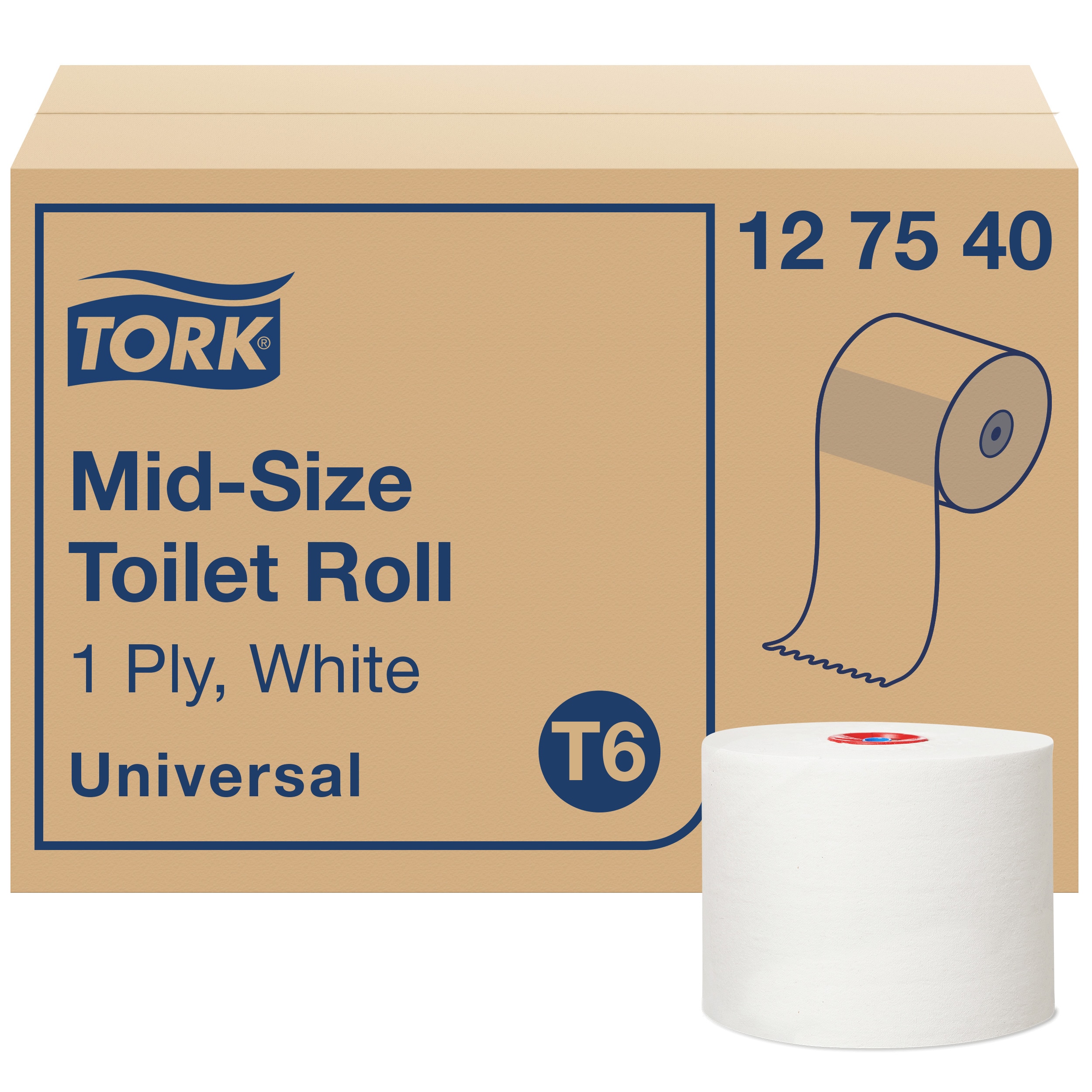 Toiletpapir, Udvendig oprulning, 1 lag, 27 ruller, Tork Universal Mid-Size T6