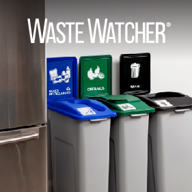 triple station plastic waste recycling and organics bins color coded for optimum waste diversion in a college campus hallway