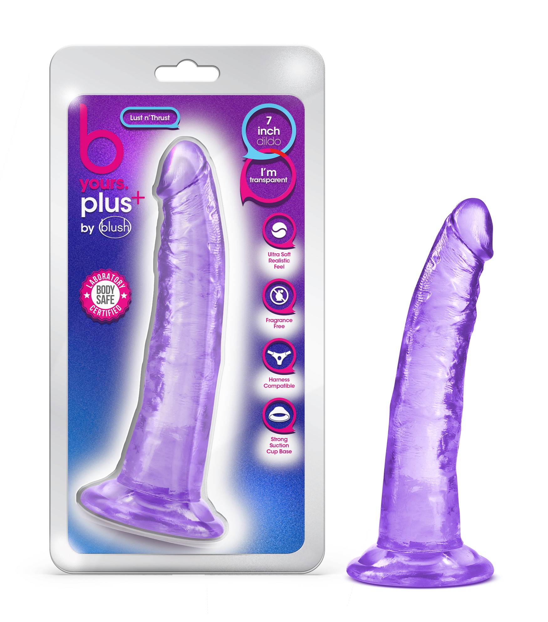 Blush B Yours Plus Lust N? Thrust Realistic G-Spot Purple 7.5-Inch Long Dildo With Suction Cup Base