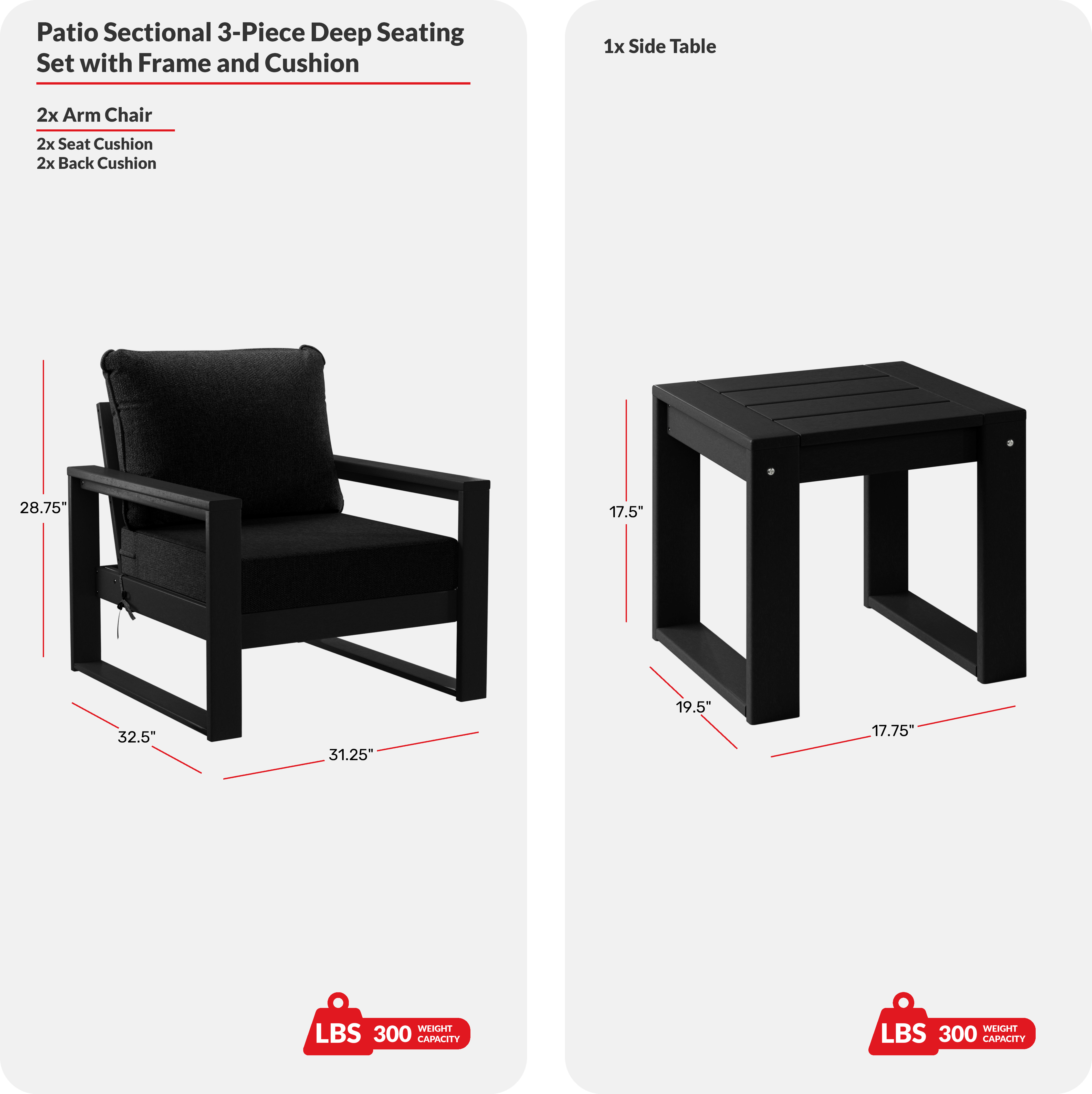Outdoor Modern 3-Piece HDPE Patio Sofa Set with Side TableCOS Spec Image