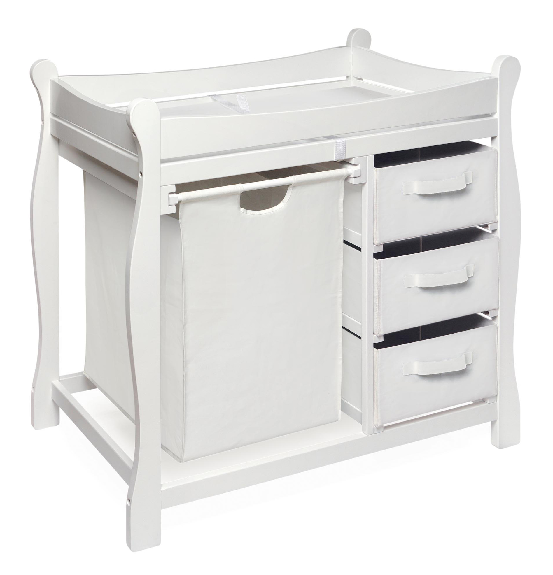 Sleigh Style Baby Changing Table with Hamper and 3 Baskets - White